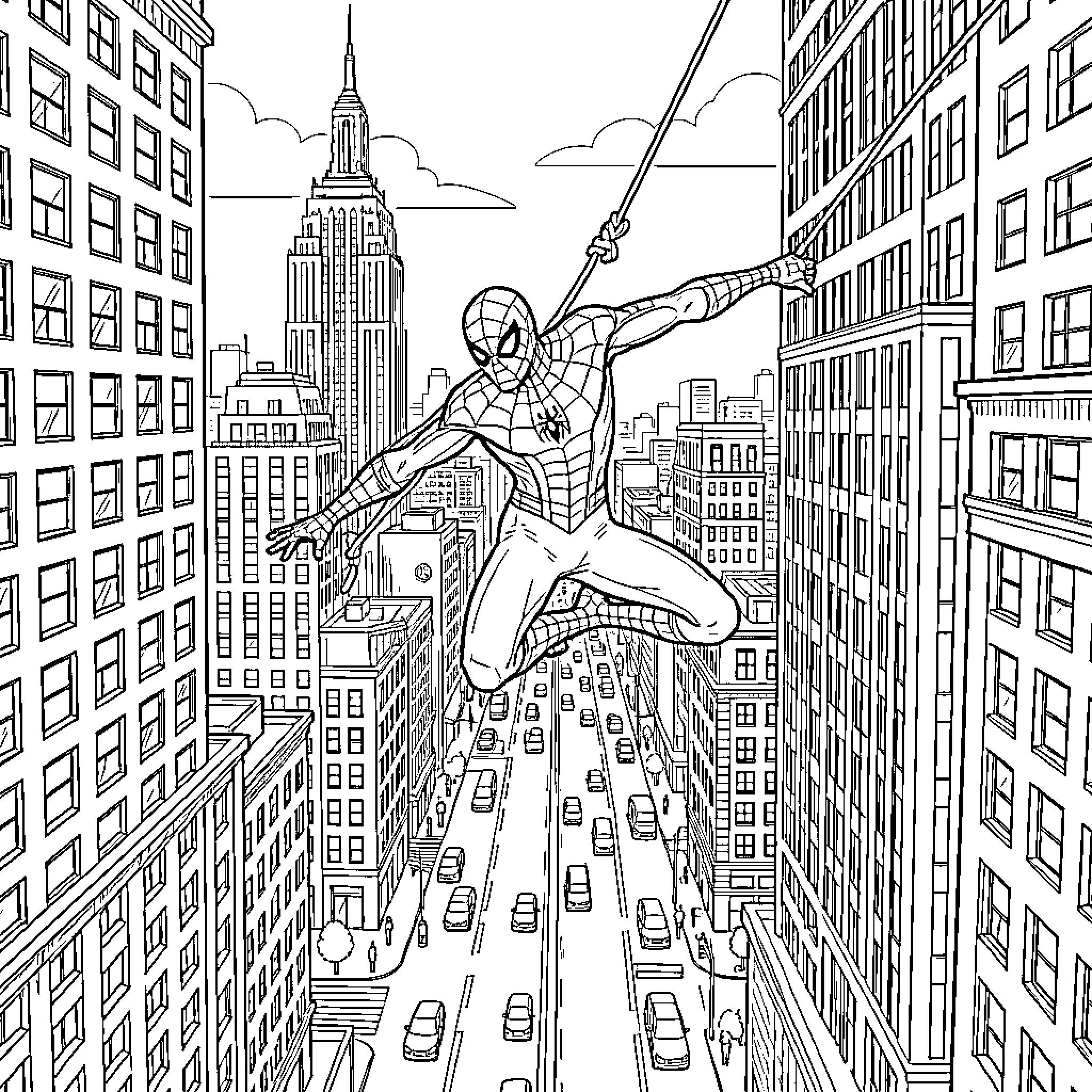 Spiderman swinging through skyscrapers in a city Coloring Page (free black-and-white line drawing printable PDF for all, from beginners to advanced learners, including children, teens, adults, and seniors)