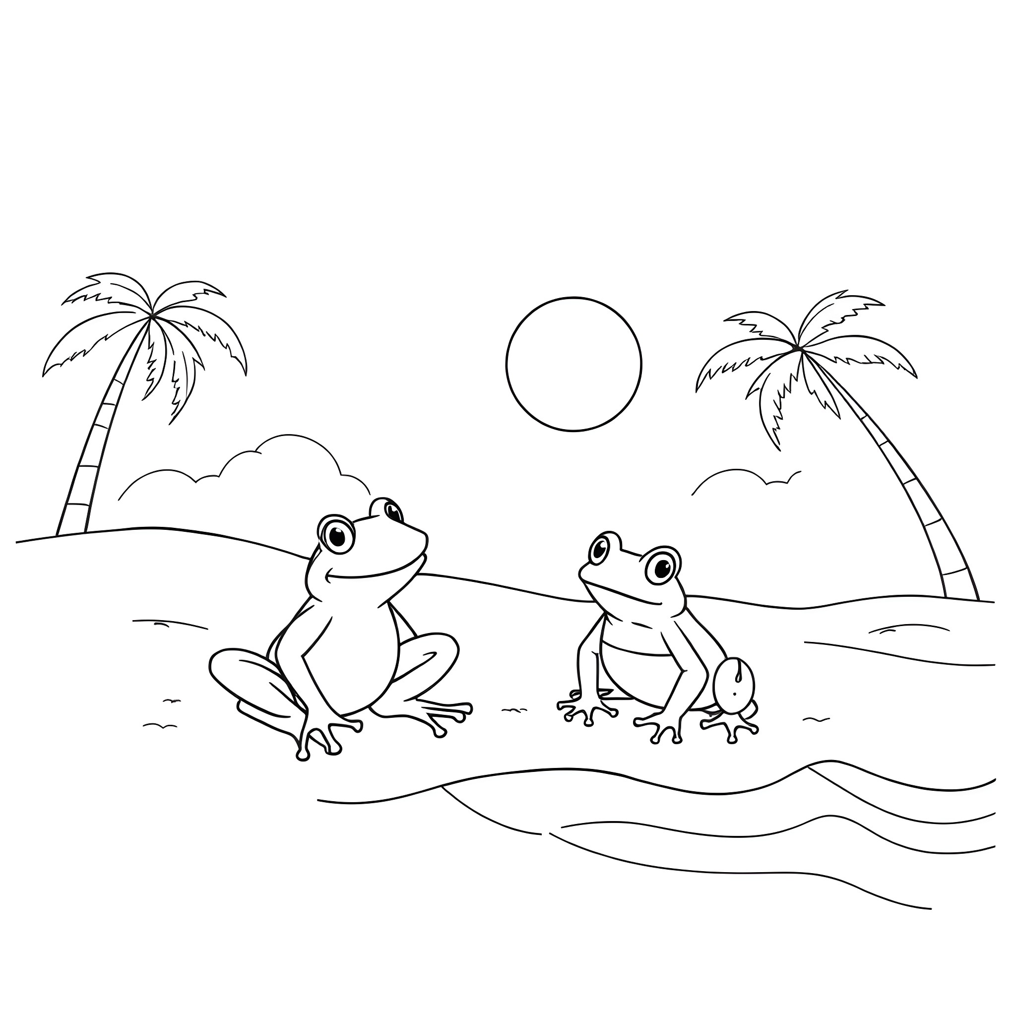 Frogs enjoying the beach under the sun Coloring Page (free black-and-white line drawing printable PDF for all, from beginners to advanced learners, including children, teens, adults, and seniors)