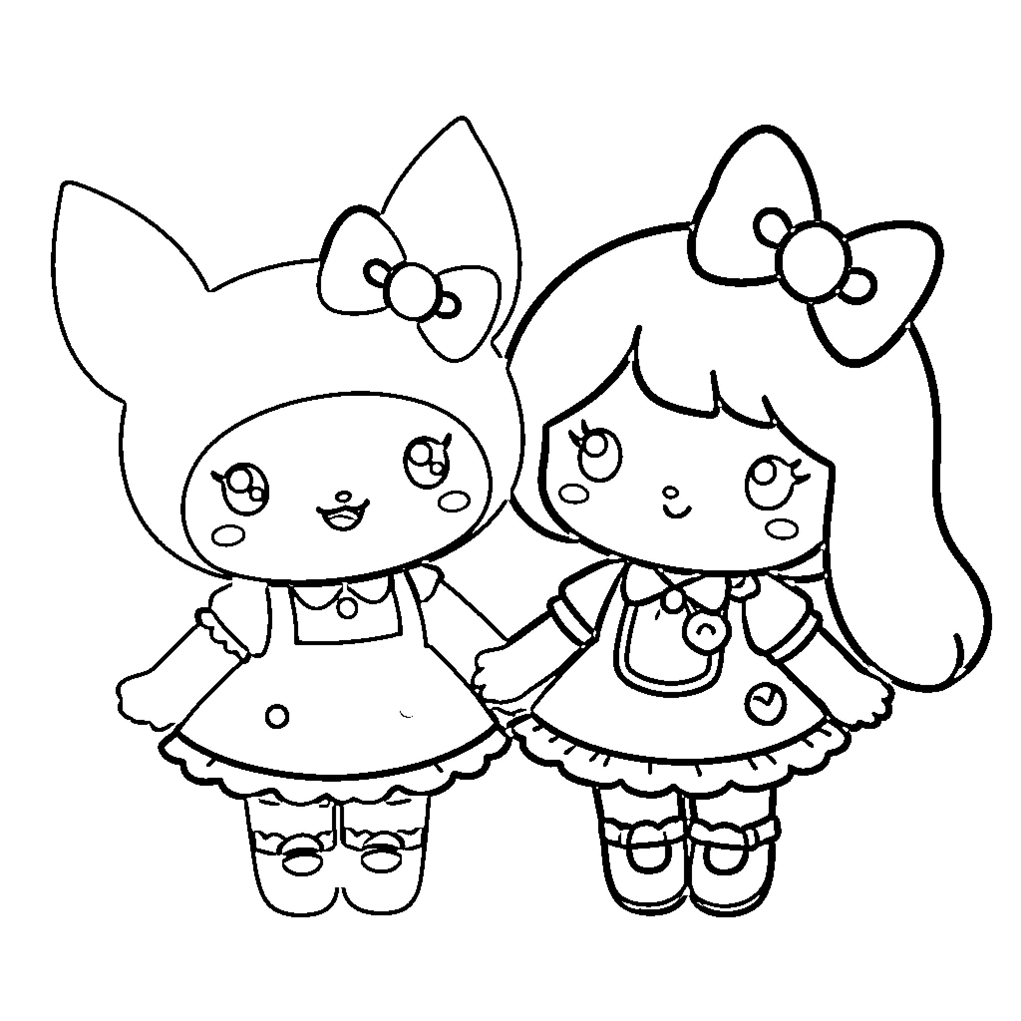 Kuromi and Pompompurin Posing Together Coloring Page (free black-and-white line drawing printable PDF for all, from beginners to advanced learners, including children, teens, adults, and seniors)