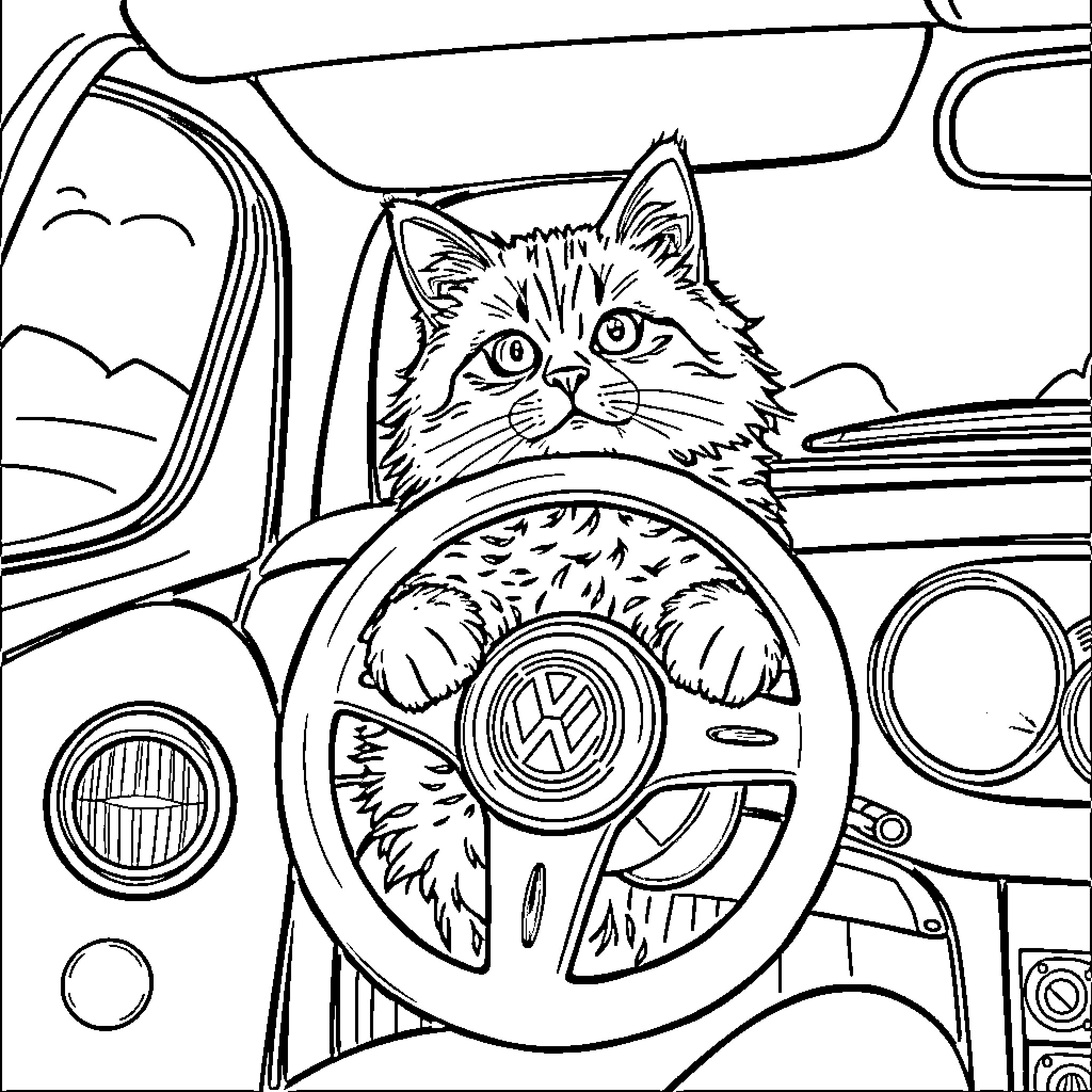 Cat Driving a Car Coloring Page (free black-and-white line drawing printable PDF for all, from beginners to advanced learners, including children, teens, adults, and seniors)