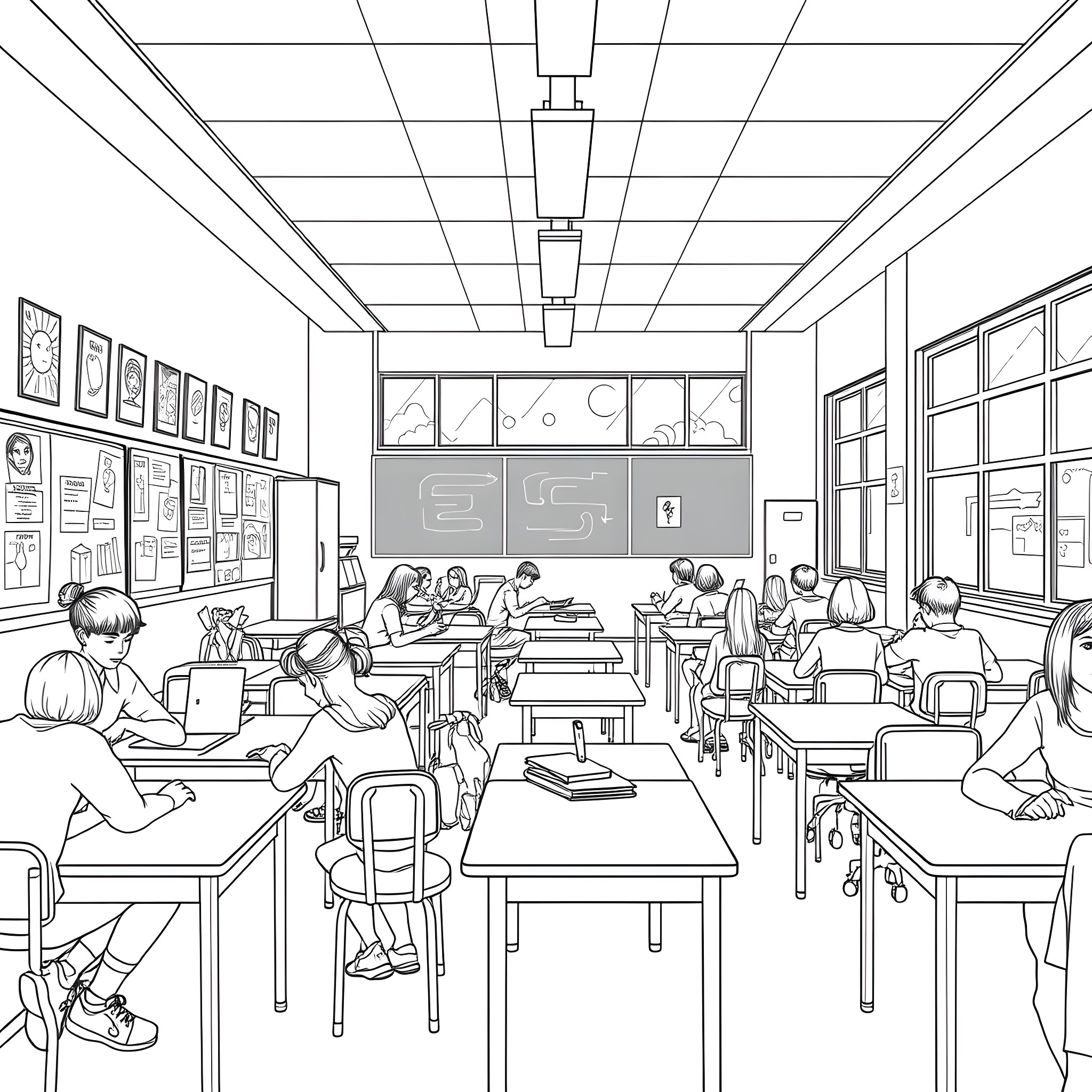 Teen Students Studying in Classroom Coloring Page (free black-and-white line drawing printable PDF for all, from beginners to advanced learners, including children, teens, adults, and seniors)