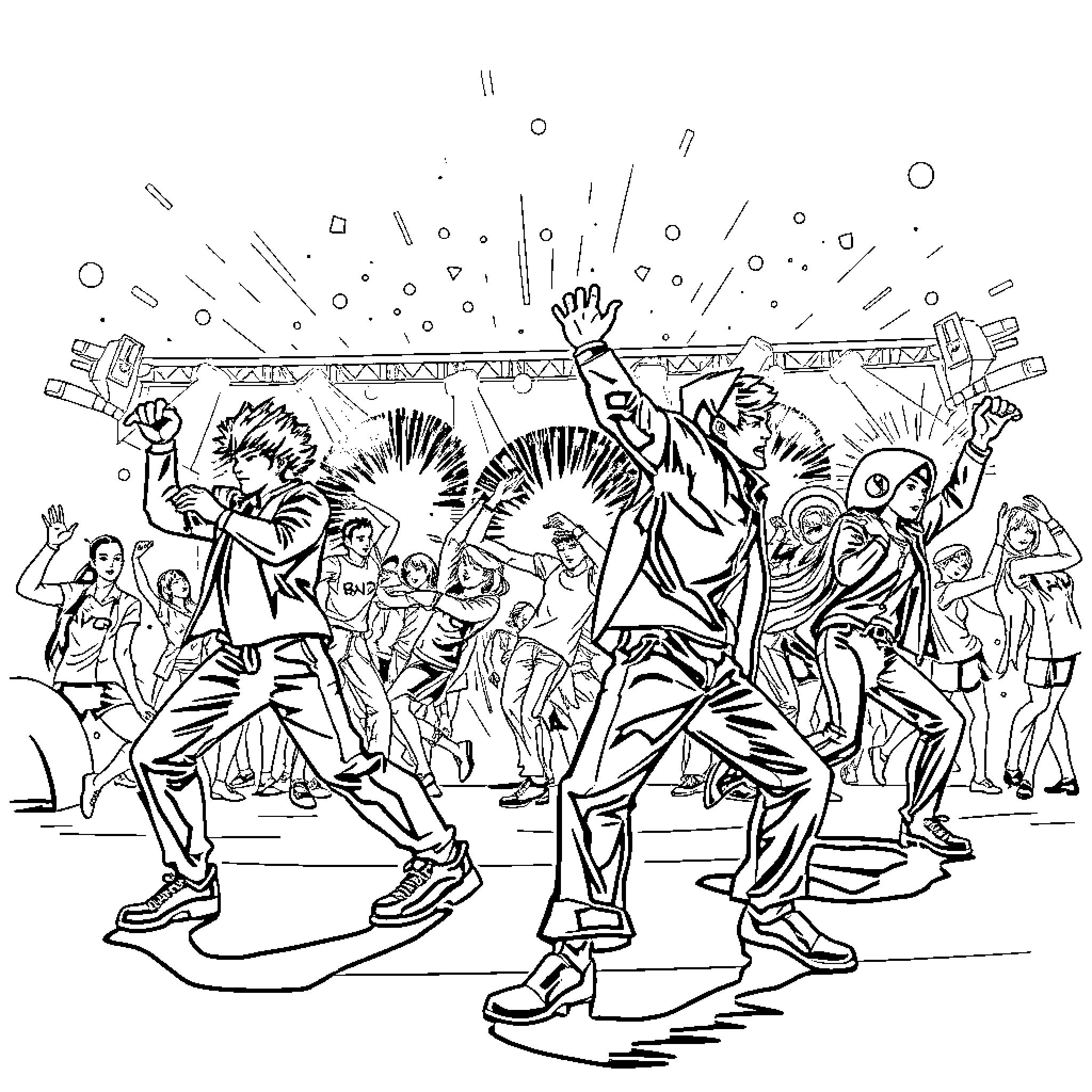 K Pop Performers Energetically Dancing on Stage Coloring Page (free black-and-white line drawing printable PDF for all, from beginners to advanced learners, including children, teens, adults, and seniors)