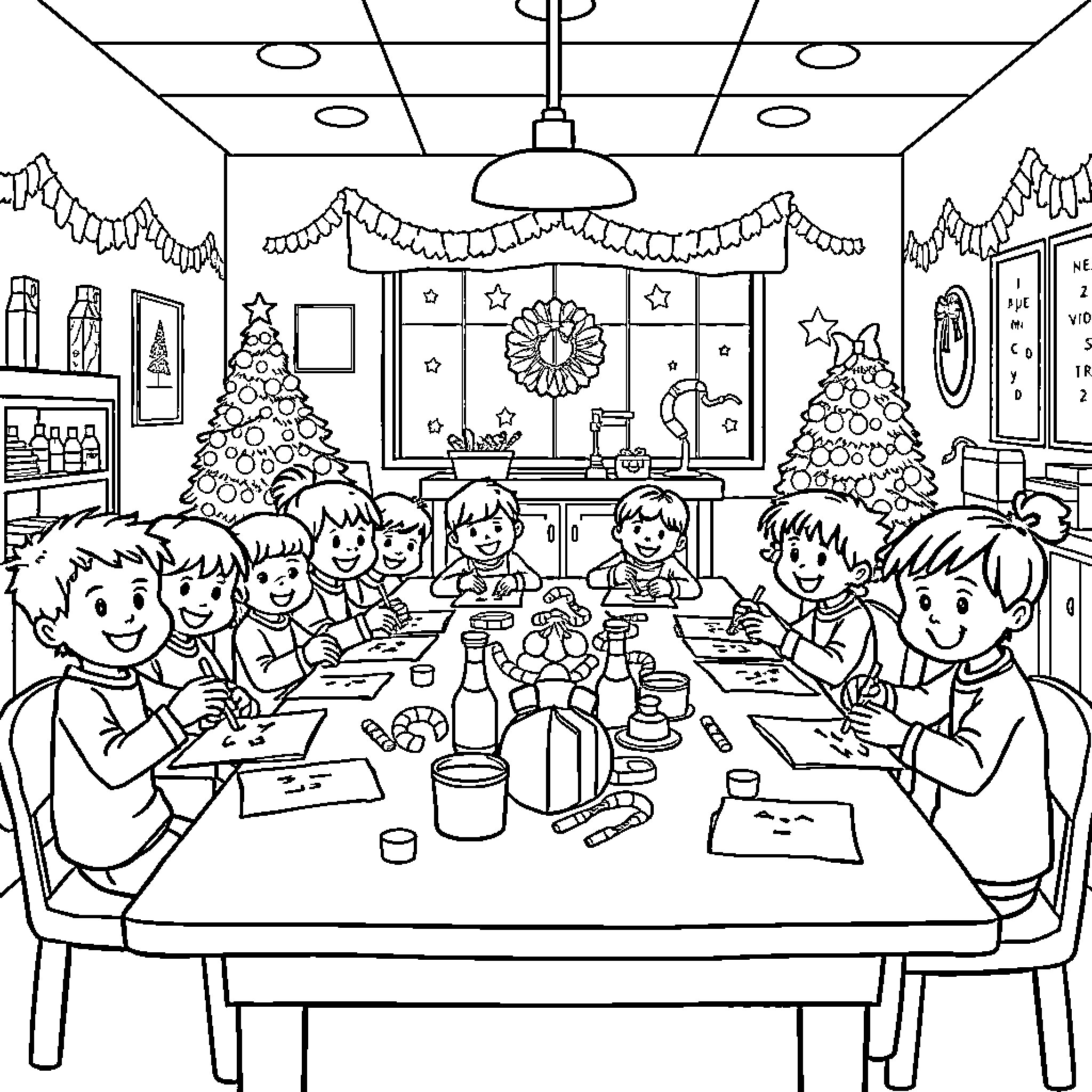 Children Celebrating Christmas Together Coloring Page (free black-and-white line drawing printable PDF for all, from beginners to advanced learners, including children, teens, adults, and seniors)