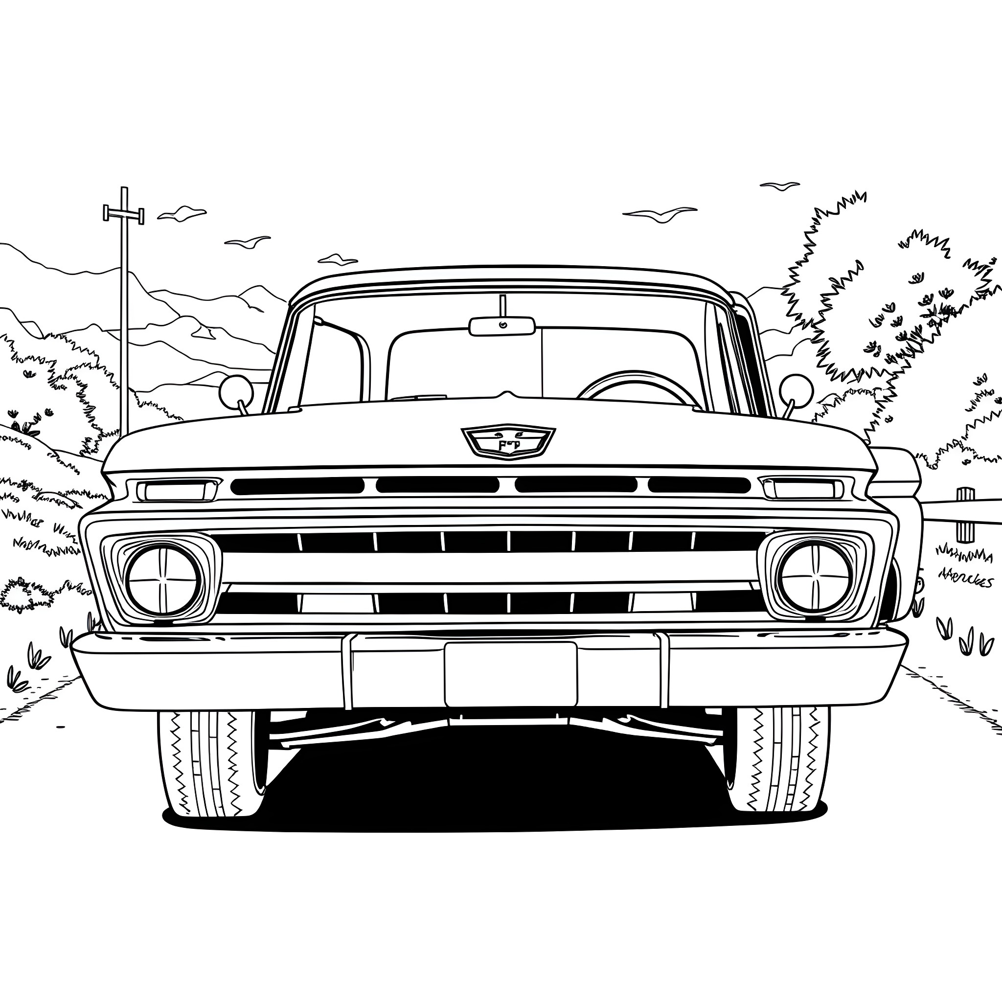 F100 classic truck in the countryside Coloring Page (free black-and-white line drawing printable PDF for all, from beginners to advanced learners, including children, teens, adults, and seniors)