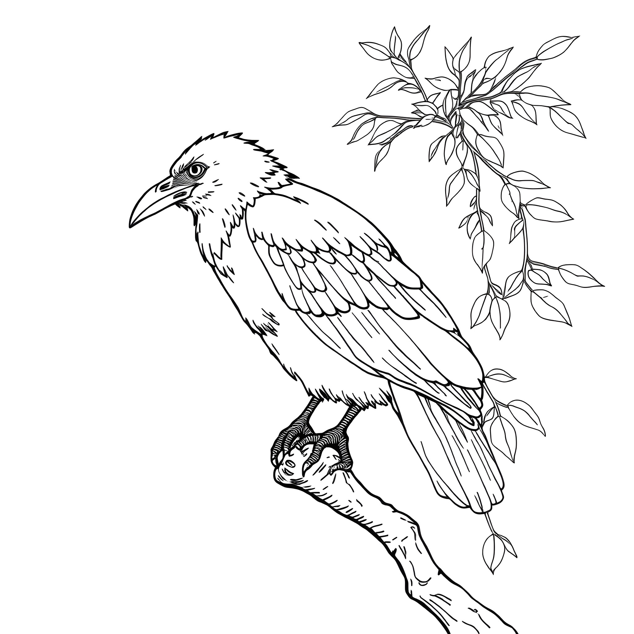 Crow perched on branch with leaves Coloring Page (free black-and-white line drawing printable PDF for all, from beginners to advanced learners, including children, teens, adults, and seniors)