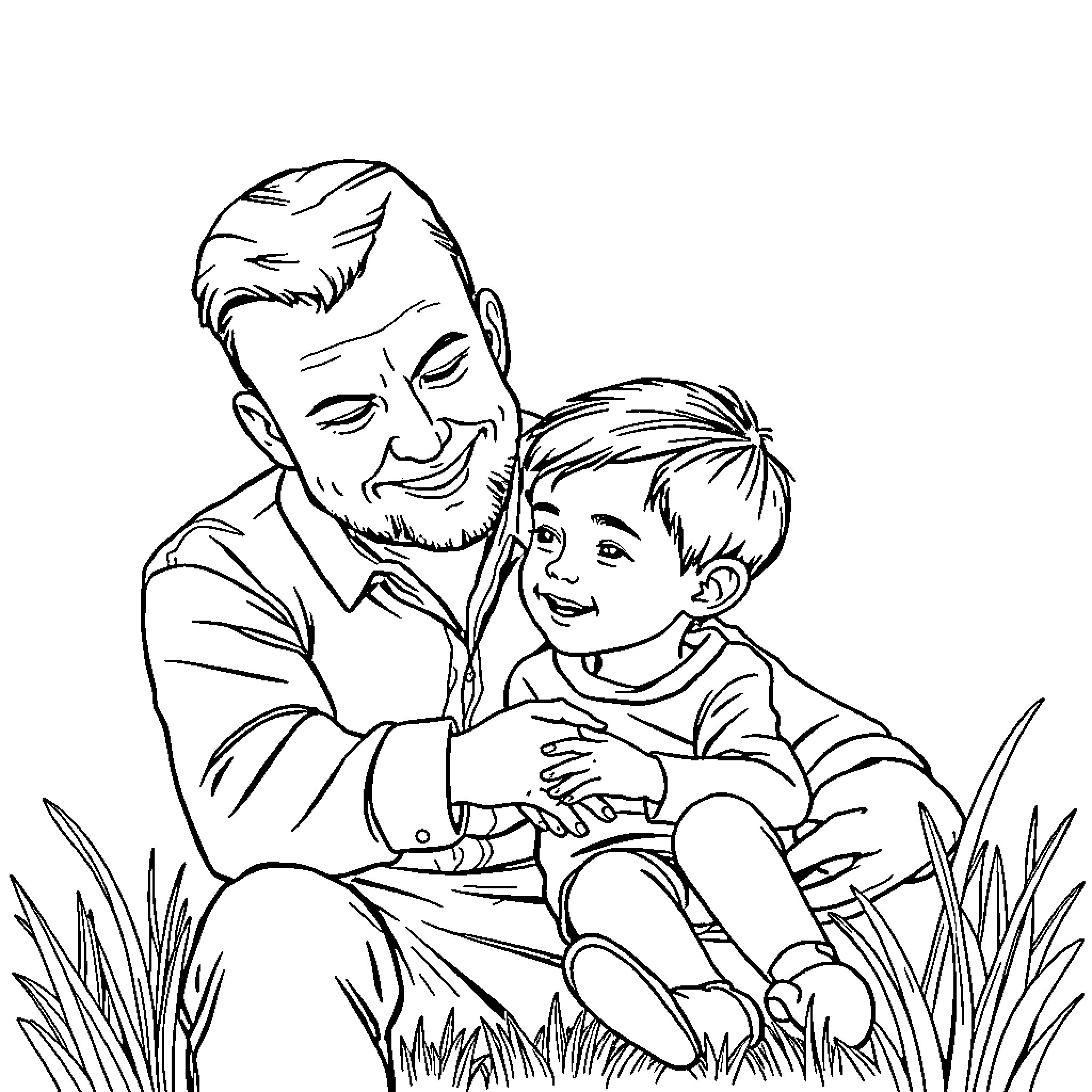 Father and Son Sharing a Tender Moment Coloring Page (free black-and-white line drawing printable PDF for all, from beginners to advanced learners, including children, teens, adults, and seniors)