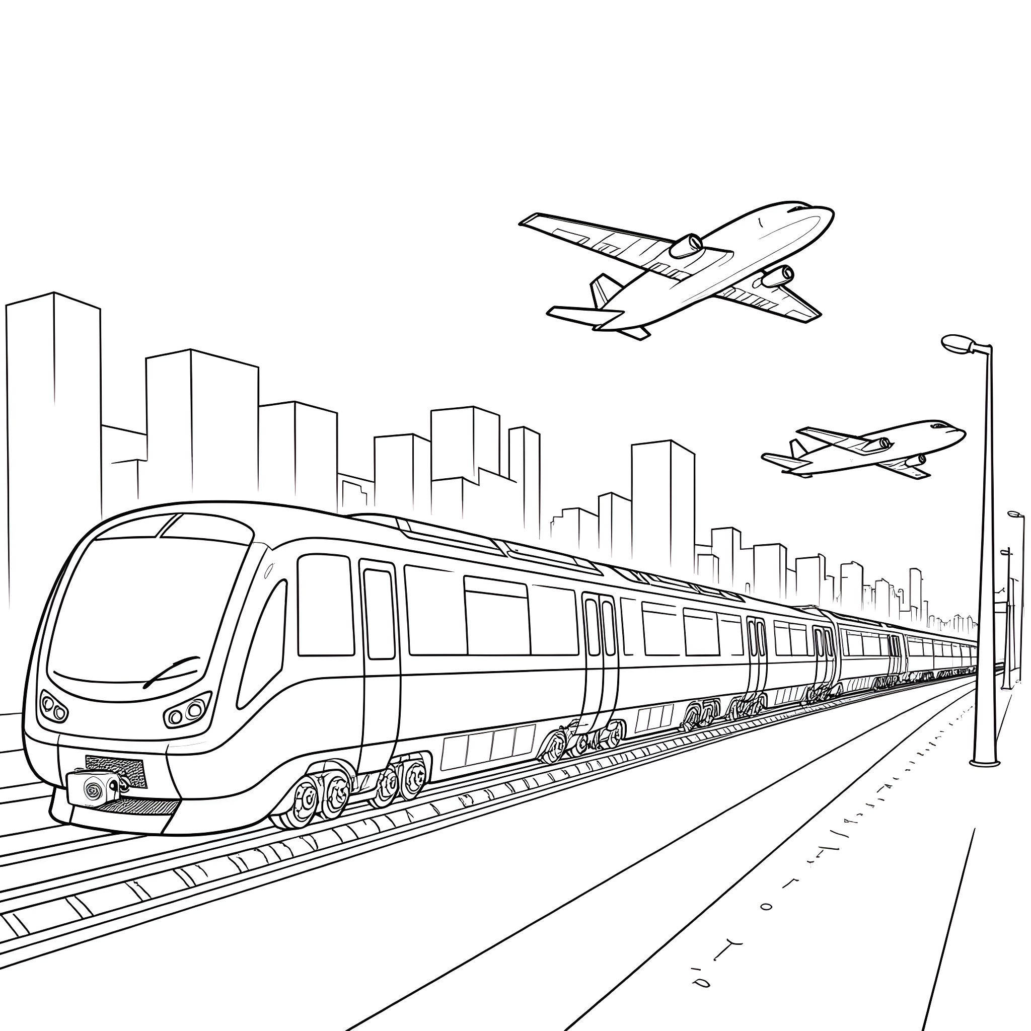 Train traveling through a modern city skyline Coloring Page (free black-and-white line drawing printable PDF for all, from beginners to advanced learners, including children, teens, adults, and seniors)
