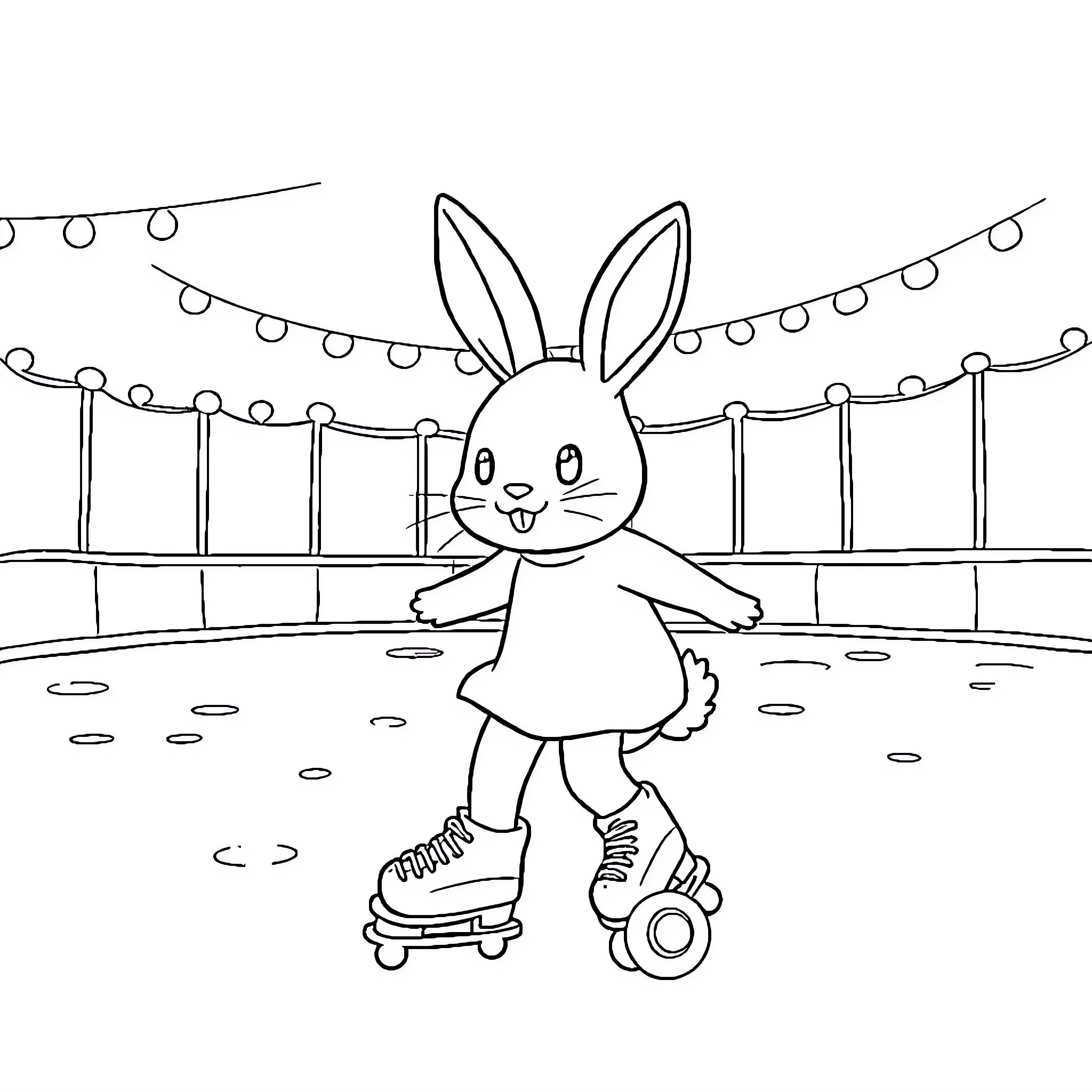 Bunny roller skating in a park Coloring Page (free black-and-white line drawing printable PDF for all, from beginners to advanced learners, including children, teens, adults, and seniors)