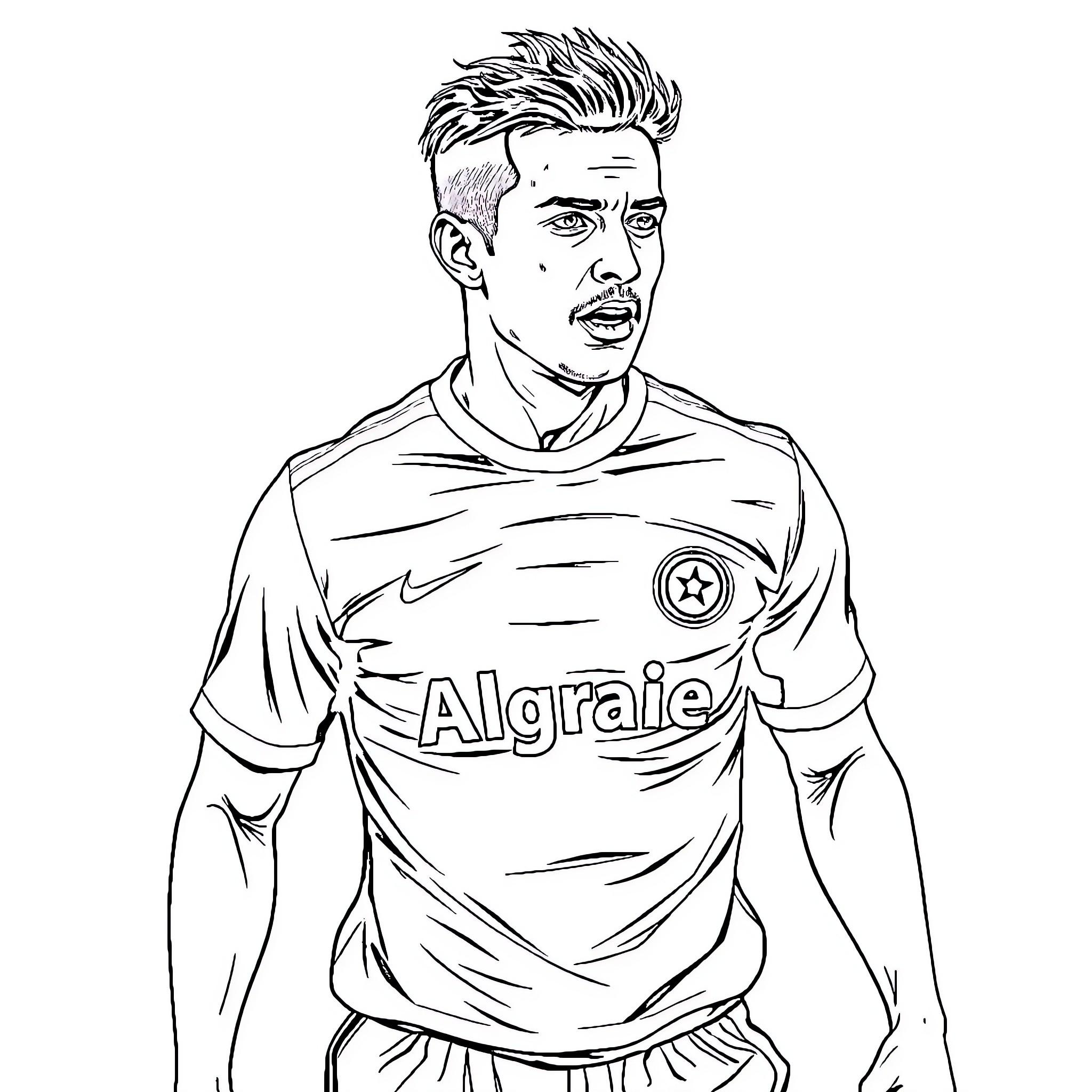 Goutte: Soccer Player in Uniform Striking a Pose Coloring Page (free black-and-white line drawing printable PDF for all, from beginners to advanced learners, including children, teens, adults, and seniors)