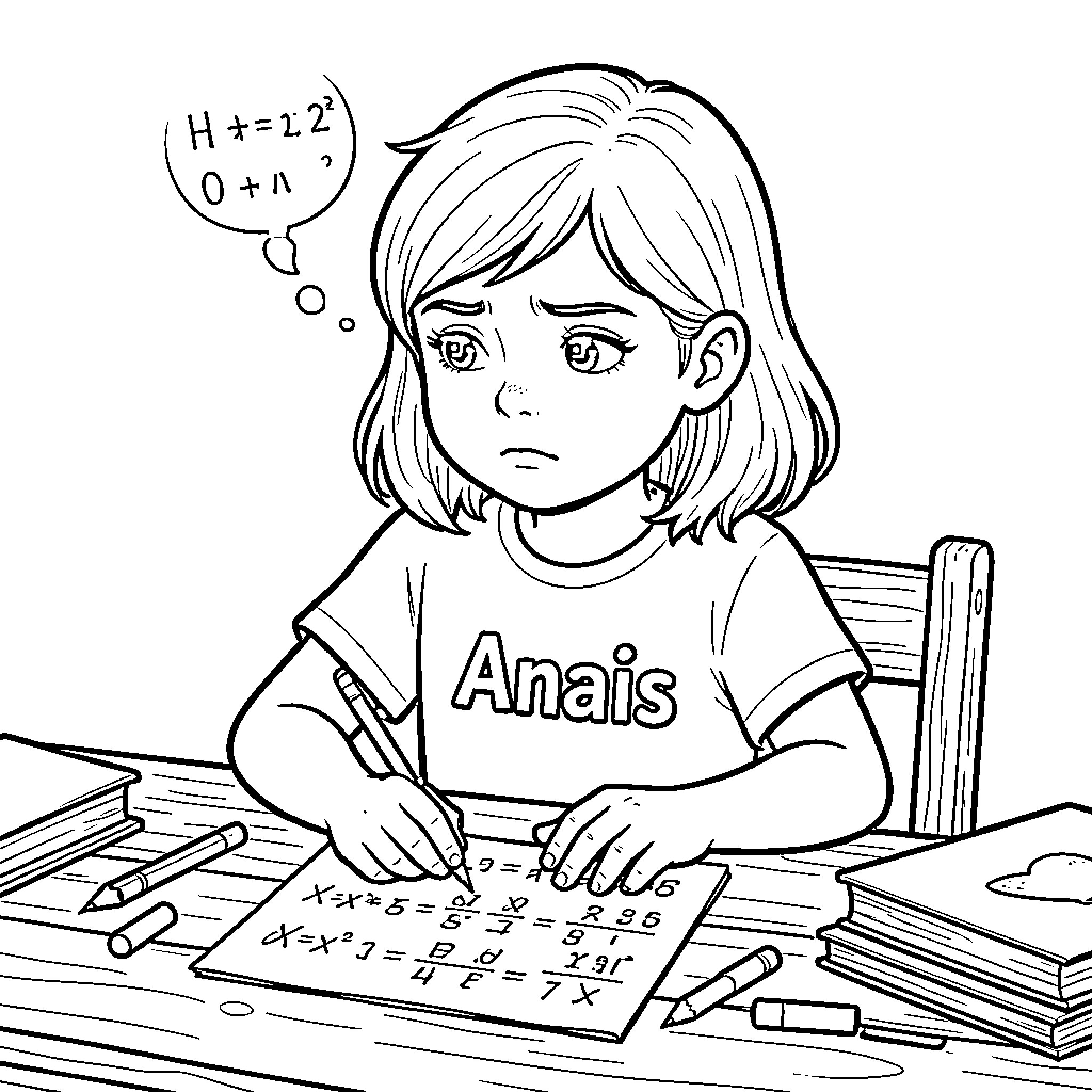 Fille looking confused while solving math problems Coloring Page (free black-and-white line drawing printable PDF for all, from beginners to advanced learners, including children, teens, adults, and seniors)