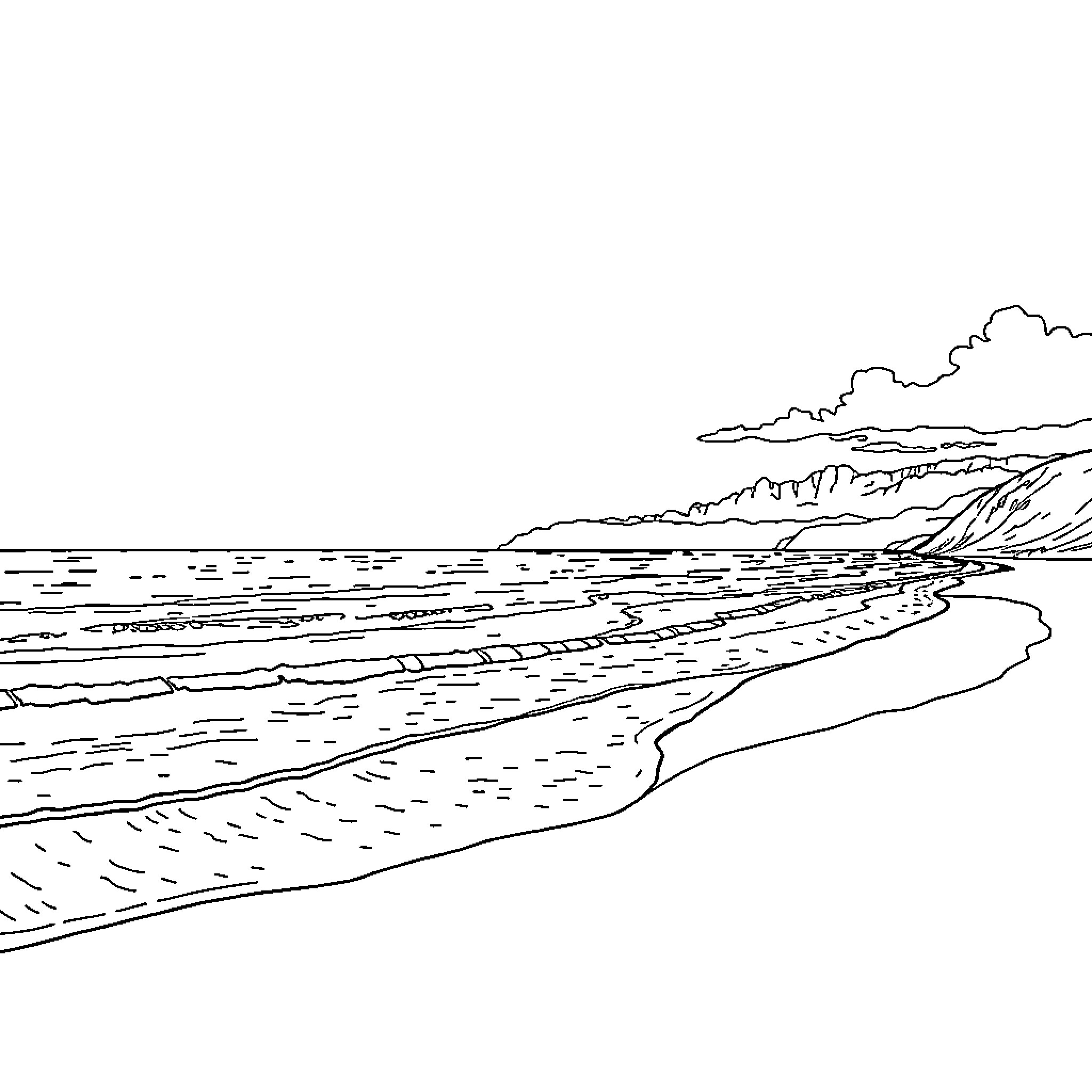 Beach scene with waves and cloudy sky Coloring Page (free black-and-white line drawing printable PDF for all, from beginners to advanced learners, including children, teens, adults, and seniors)