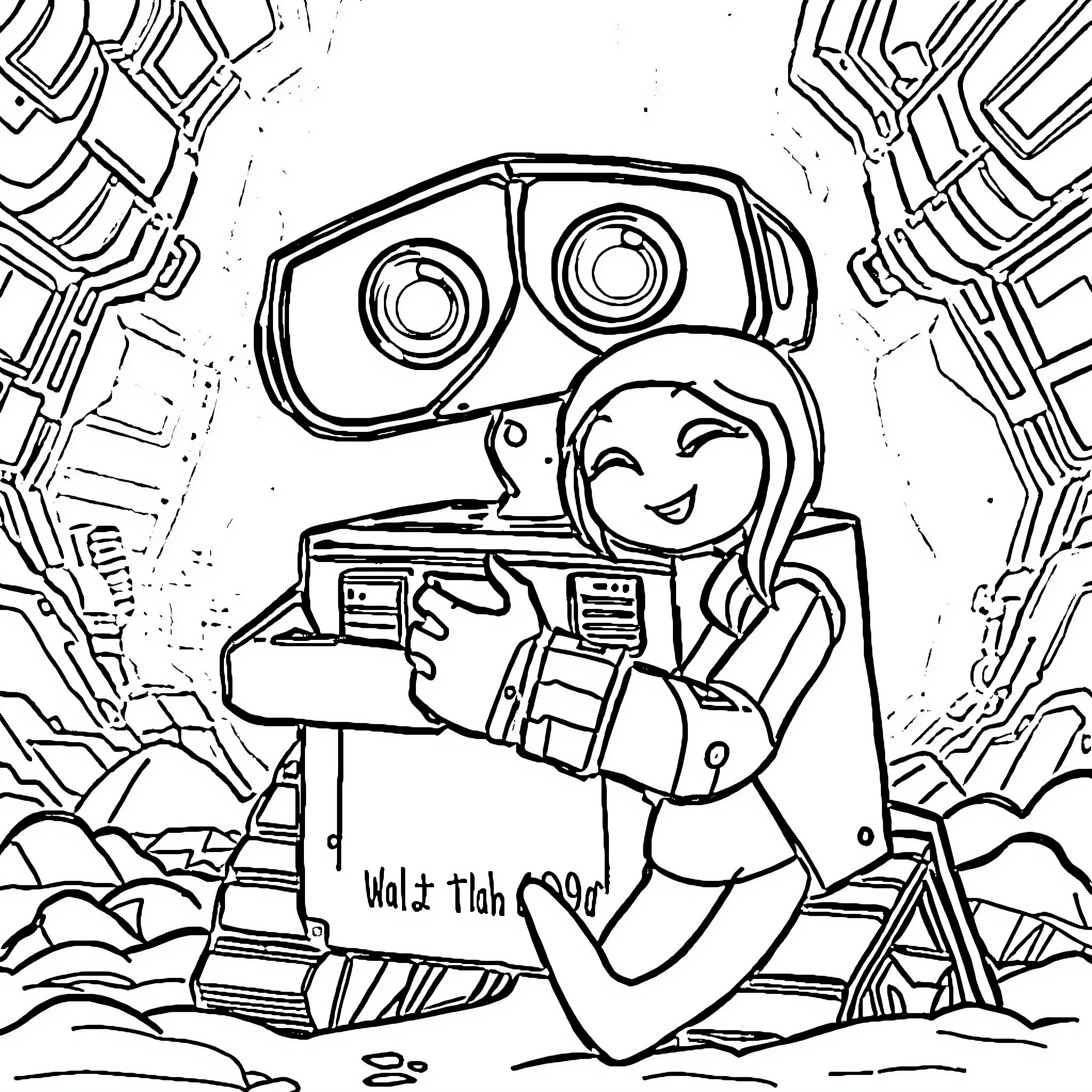Wall-E exploring a ruined city with robot companion Coloring Page (free black-and-white line drawing printable PDF for all, from beginners to advanced learners, including children, teens, adults, and seniors)