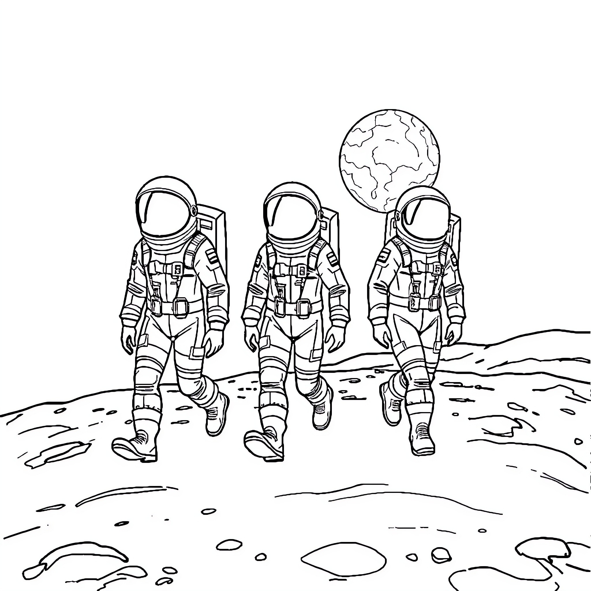 Spy astronauts explore the lunar landscape Coloring Page (free black-and-white line drawing printable PDF for all, from beginners to advanced learners, including children, teens, adults, and seniors)