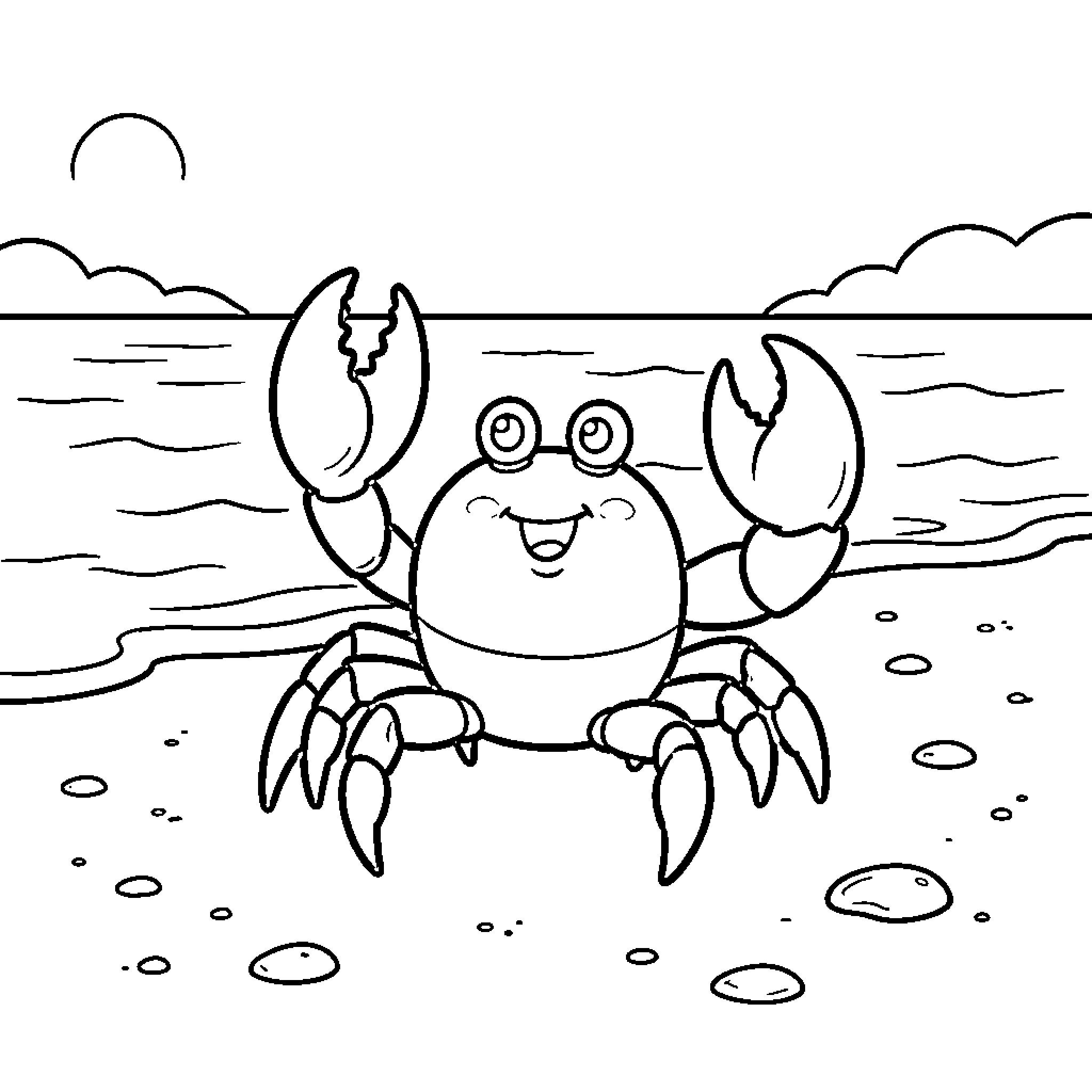 Crab with a happy expression on the beach Coloring Page (free black-and-white line drawing printable PDF for all, from beginners to advanced learners, including children, teens, adults, and seniors)