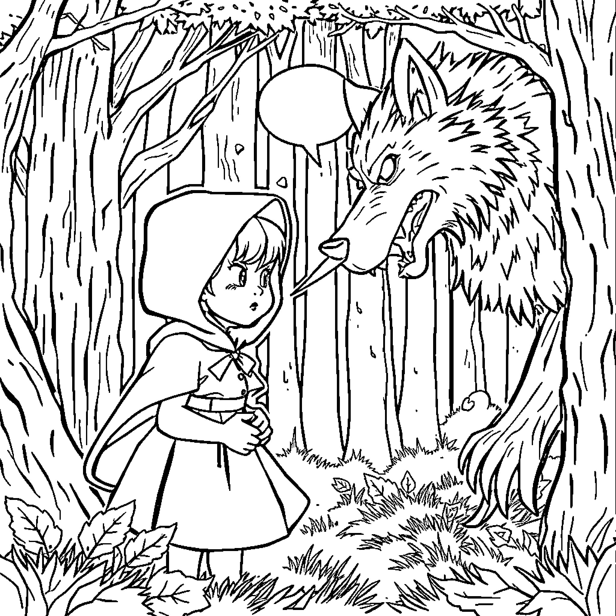 Little Red Riding Hood meets a fearsome wolf in the forest Coloring Page (free black-and-white line drawing printable PDF for all, from beginners to advanced learners, including children, teens, adults, and seniors)