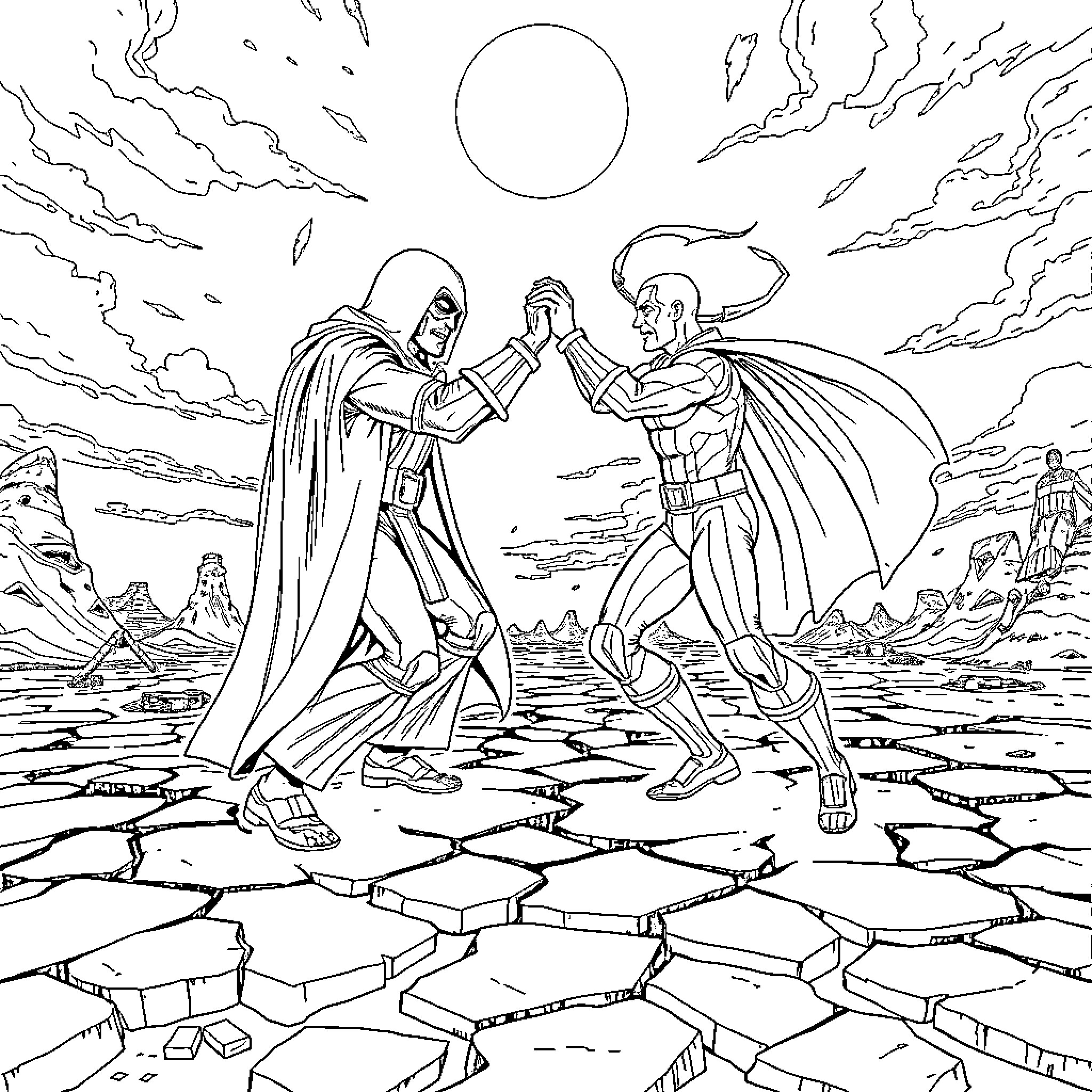Doctor Doom confronting a heroic figure in a dramatic scene Coloring Page (free black-and-white line drawing printable PDF for all, from beginners to advanced learners, including children, teens, adults, and seniors)