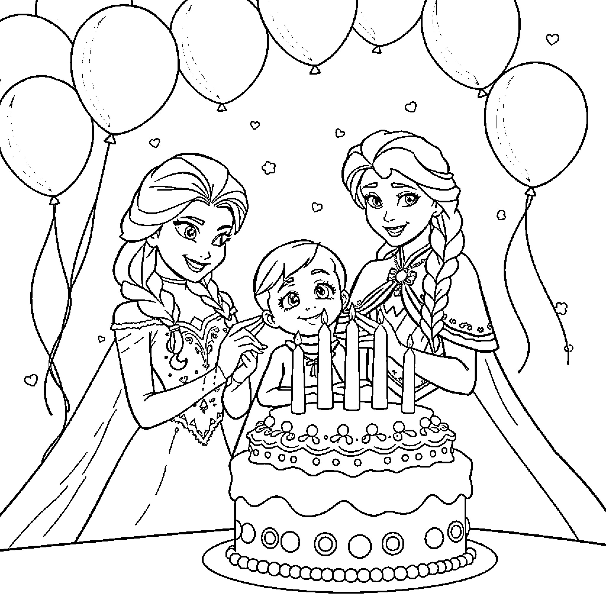 Elsa and Anna Celebrate a Birthday with Balloons Coloring Page (free black-and-white line drawing printable PDF for all, from beginners to advanced learners, including children, teens, adults, and seniors)