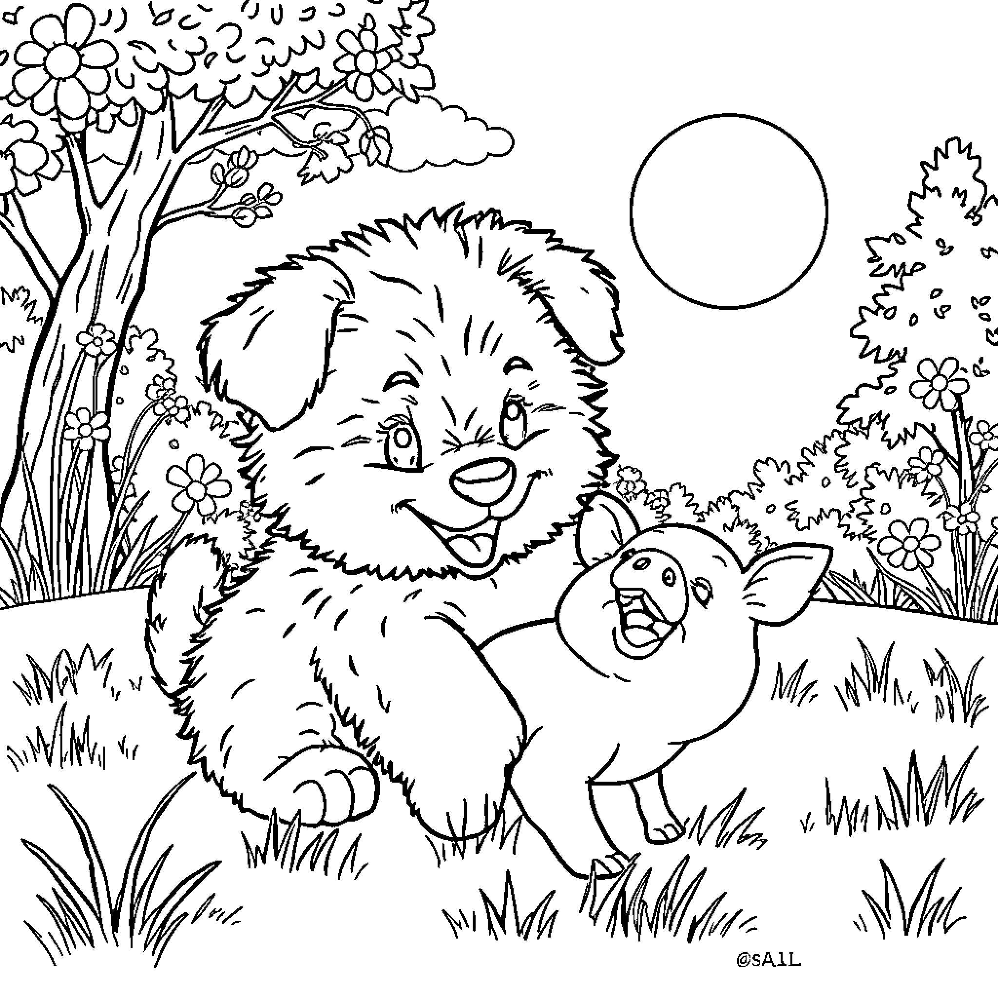 Puppy and Piglet Frolicking in Nature Coloring Page (free black-and-white line drawing printable PDF for all, from beginners to advanced learners, including children, teens, adults, and seniors)