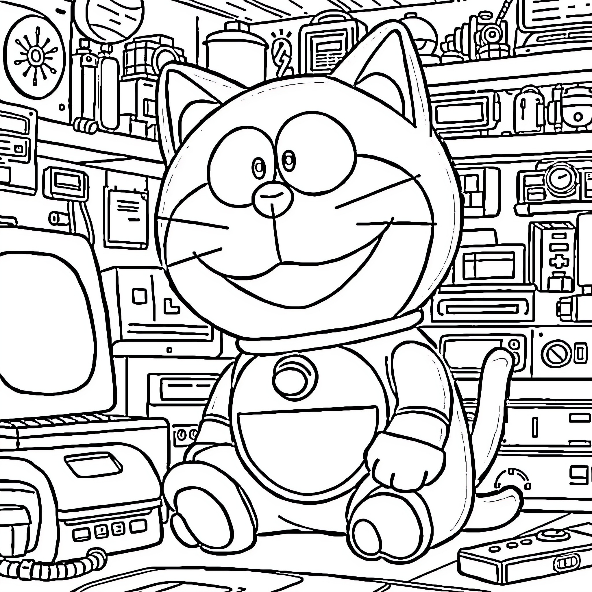 Doraemon surrounded by electronic devices Coloring Page (free black-and-white line drawing printable PDF for all, from beginners to advanced learners, including children, teens, adults, and seniors)