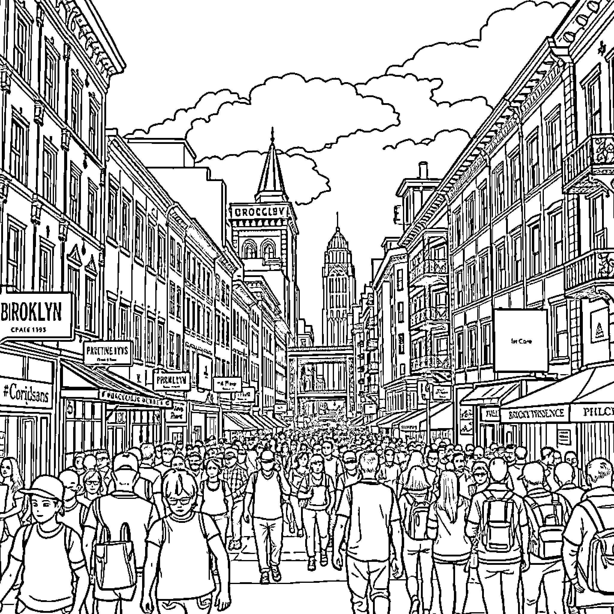 Brooklyn Street Scene with Bustling Crowds and Architecture Coloring Page (free black-and-white line drawing printable PDF for all, from beginners to advanced learners, including children, teens, adults, and seniors)