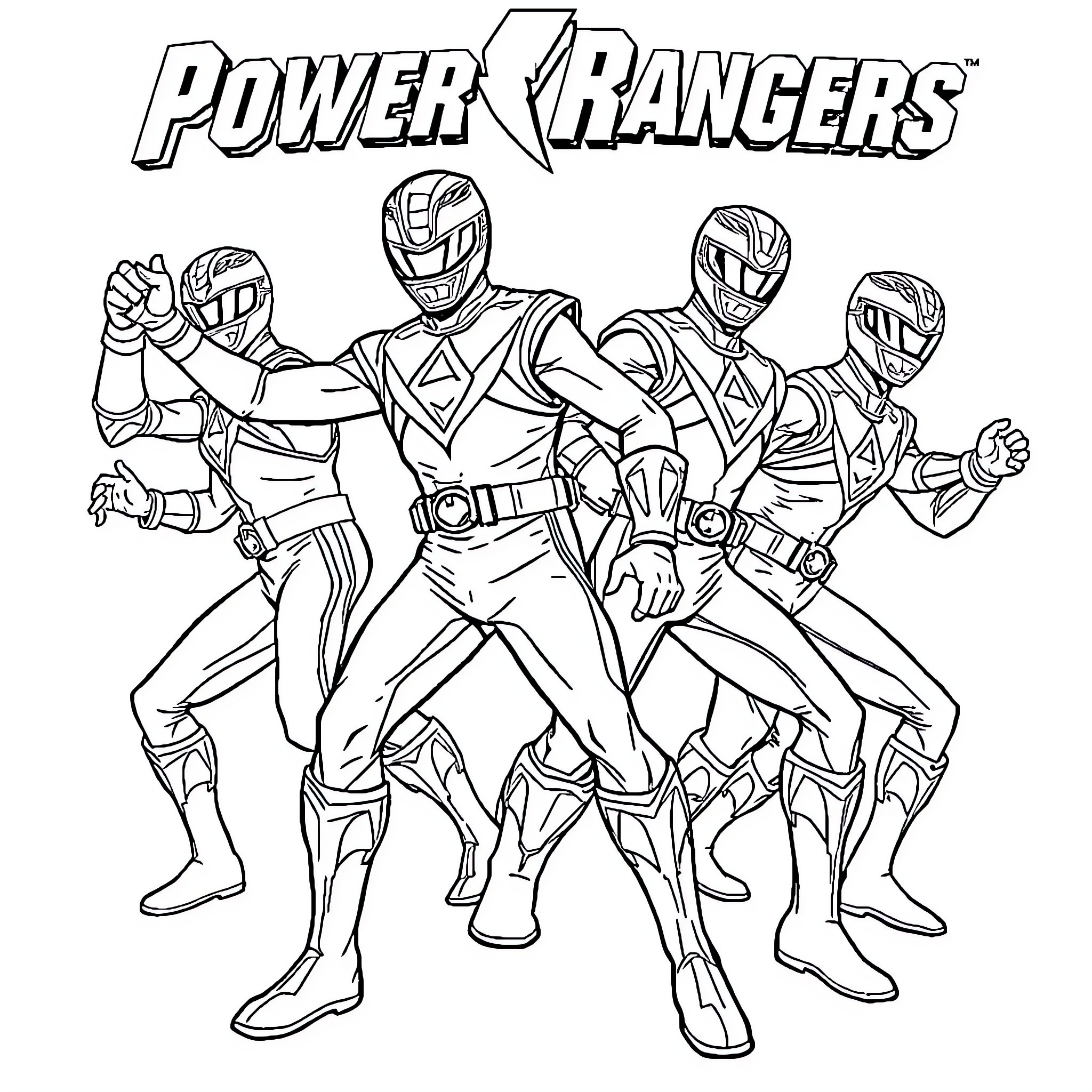 Power Rangers in action-packed poses Coloring Page (free black-and-white line drawing printable PDF for all, from beginners to advanced learners, including children, teens, adults, and seniors)