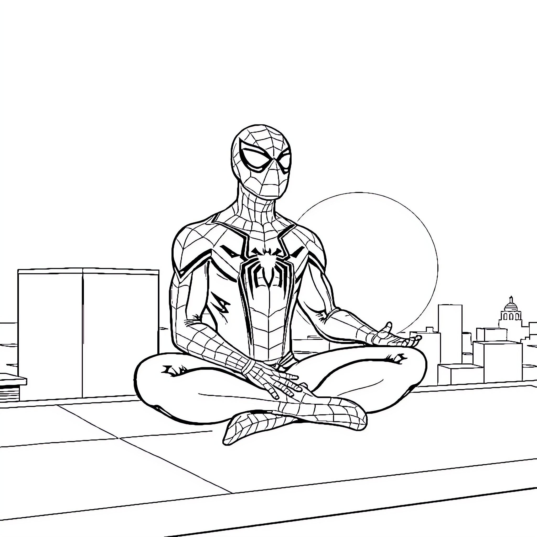 Spider-Man meditating on rooftop in city Coloring Page (free black-and-white line drawing printable PDF for all, from beginners to advanced learners, including children, teens, adults, and seniors)