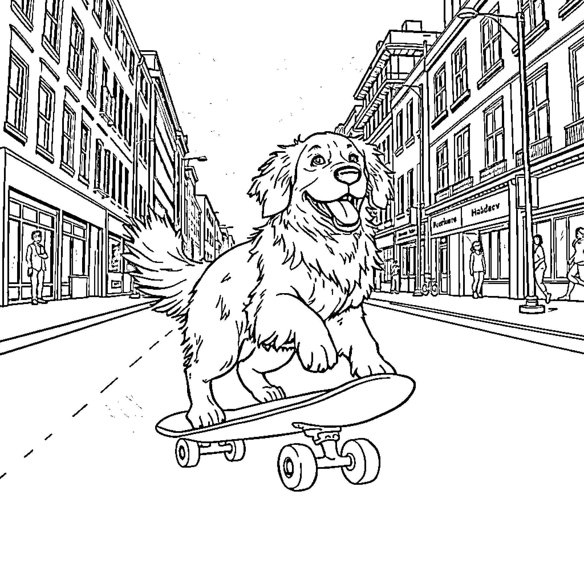 Golden Retriever enjoying a skateboard ride on city streets Coloring Page (free black-and-white line drawing printable PDF for all, from beginners to advanced learners, including children, teens, adults, and seniors)