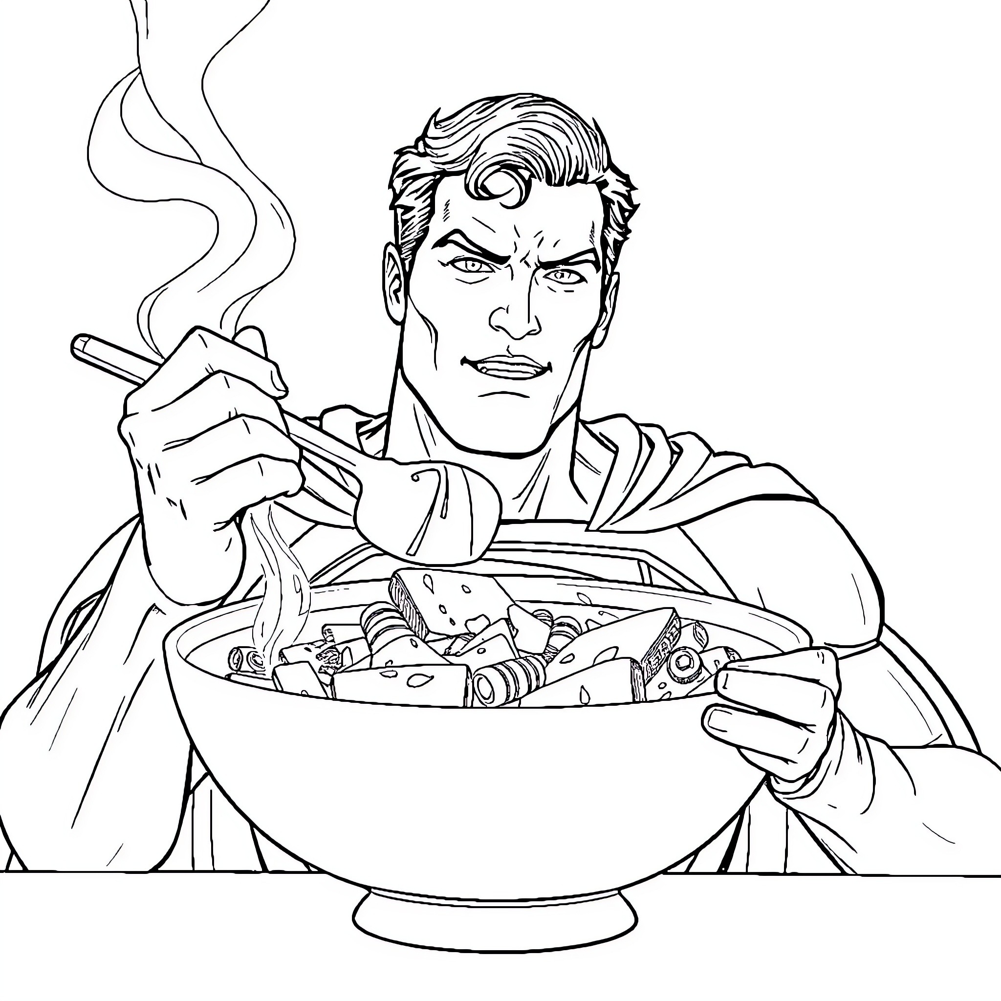 Superman enjoying a hearty meal Coloring Page (free black-and-white line drawing printable PDF for all, from beginners to advanced learners, including children, teens, adults, and seniors)