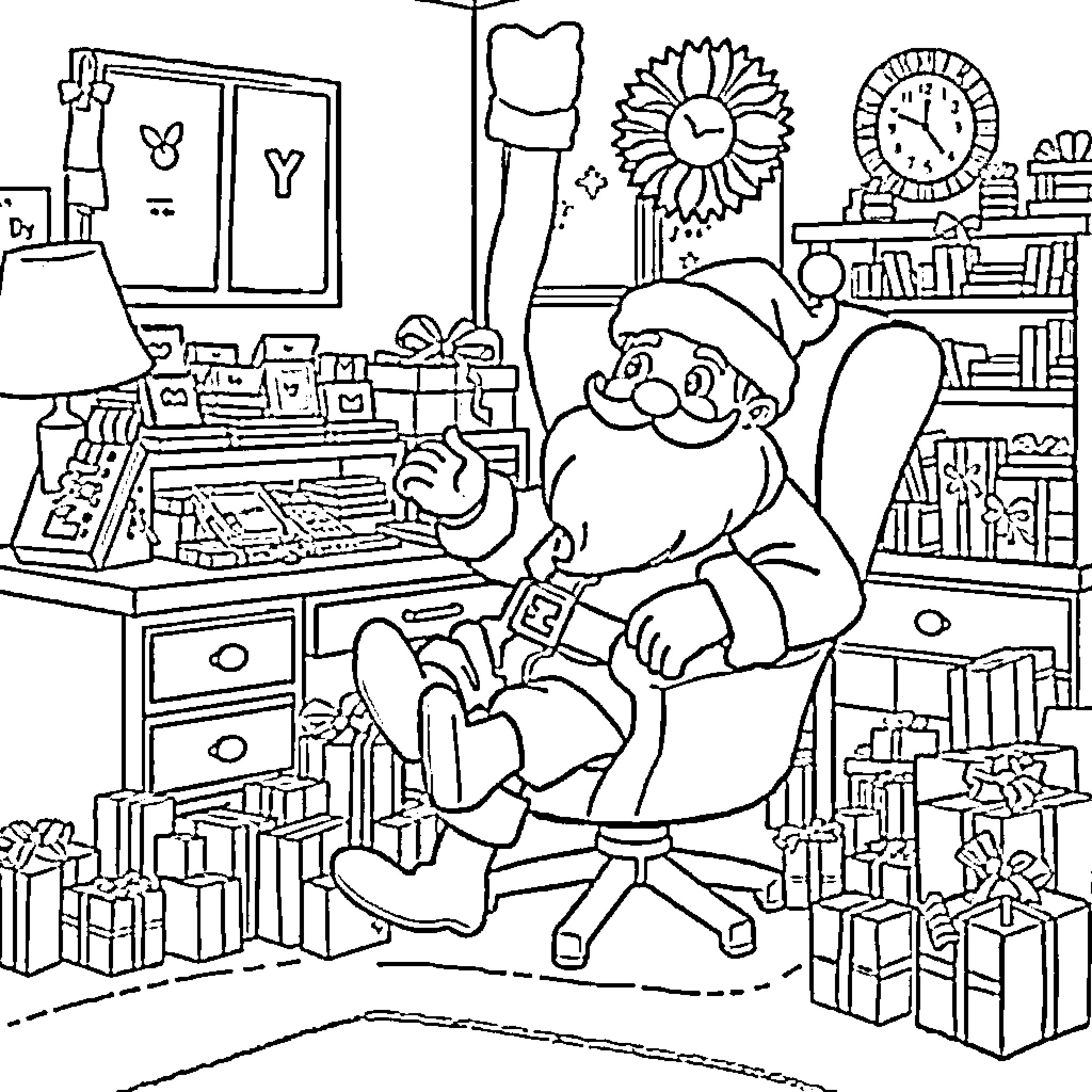 Santa Claus working at a desk surrounded by gifts Coloring Page (free black-and-white line drawing printable PDF for all, from beginners to advanced learners, including children, teens, adults, and seniors)