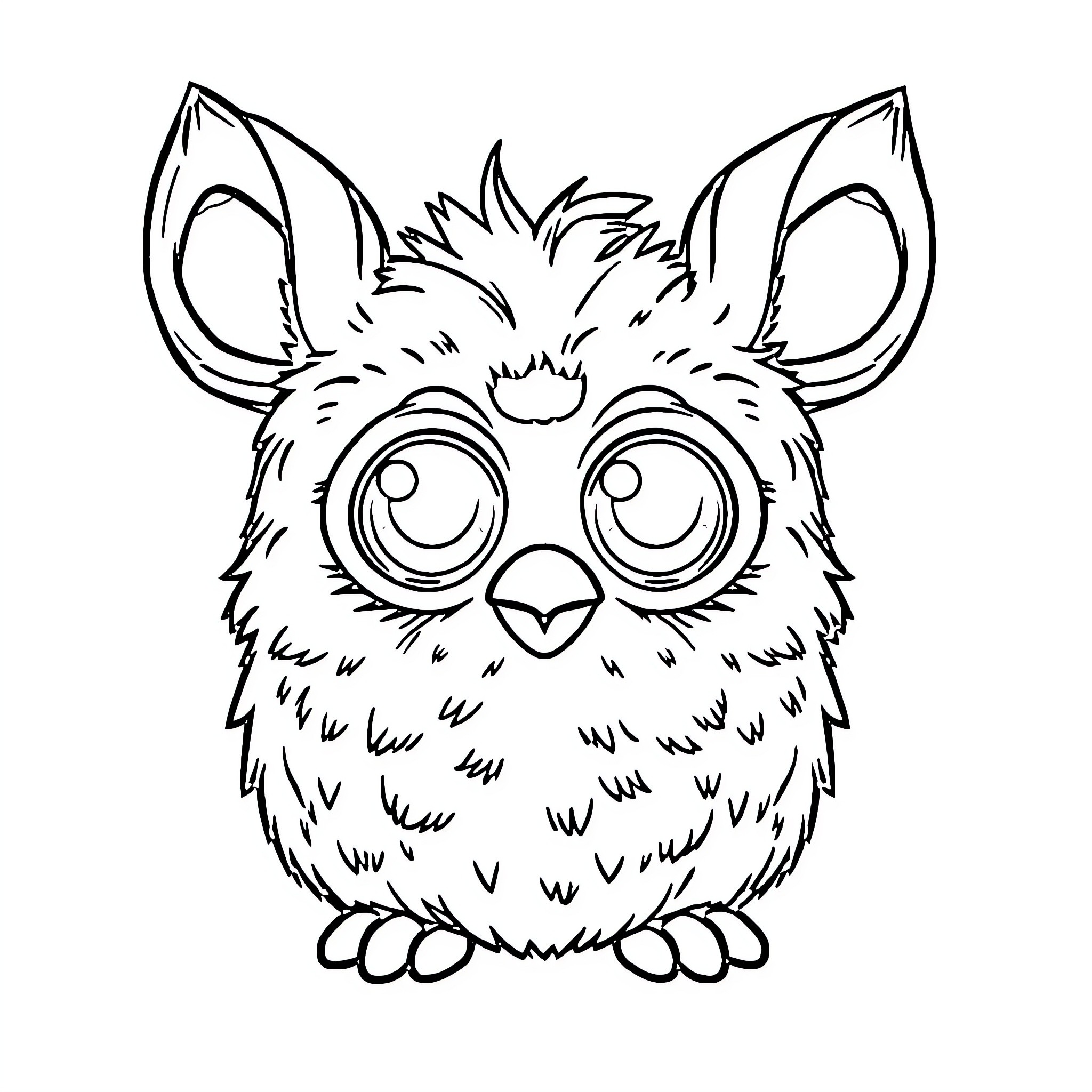 Furby with big, curious eyes Coloring Page (free black-and-white line drawing printable PDF for all, from beginners to advanced learners, including children, teens, adults, and seniors)