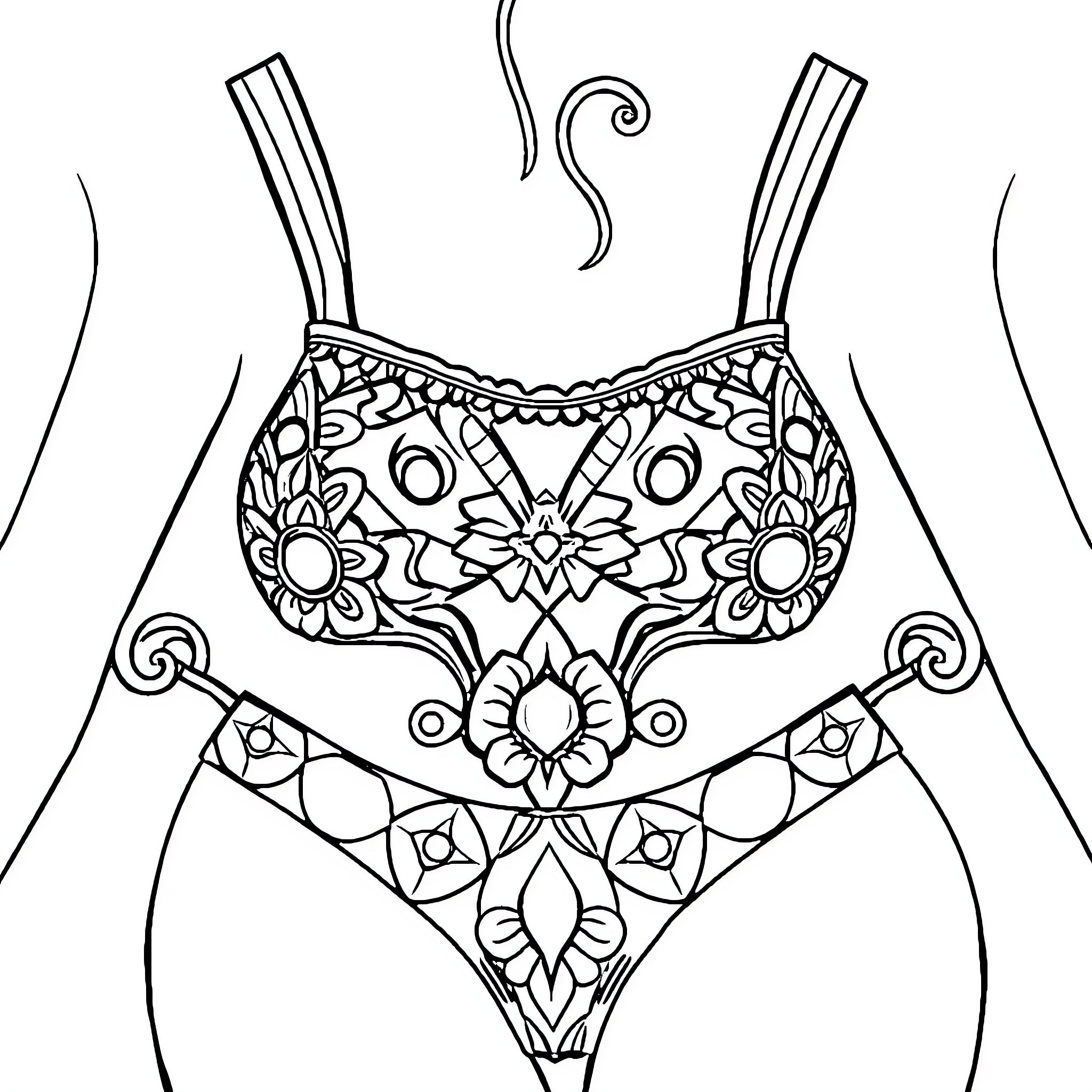 Bikini with intricate floral patterns and designs Coloring Page (free black-and-white line drawing printable PDF for all, from beginners to advanced learners, including children, teens, adults, and seniors)