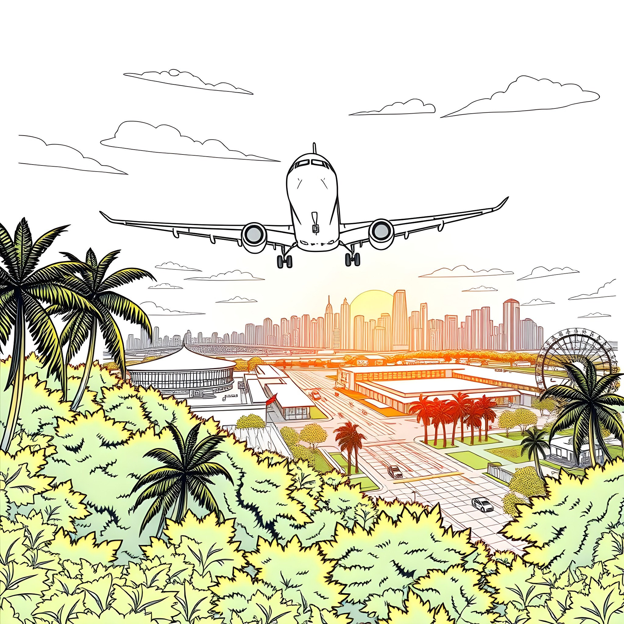Airplane taking off over tropical city landscape Coloring Page (free black-and-white line drawing printable PDF for all, from beginners to advanced learners, including children, teens, adults, and seniors)