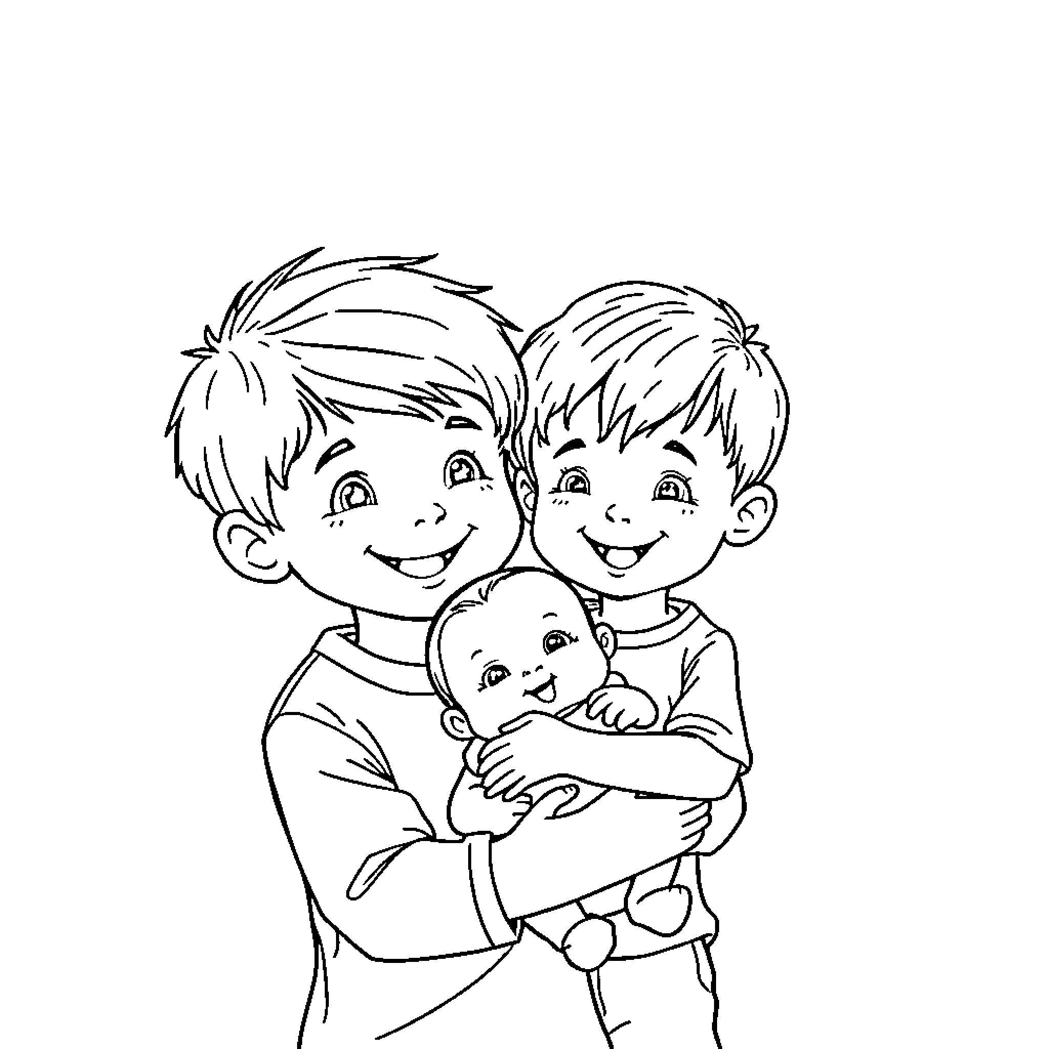 Boy Siblings Happily Embracing a Newborn Coloring Page (free black-and-white line drawing printable PDF for all, from beginners to advanced learners, including children, teens, adults, and seniors)