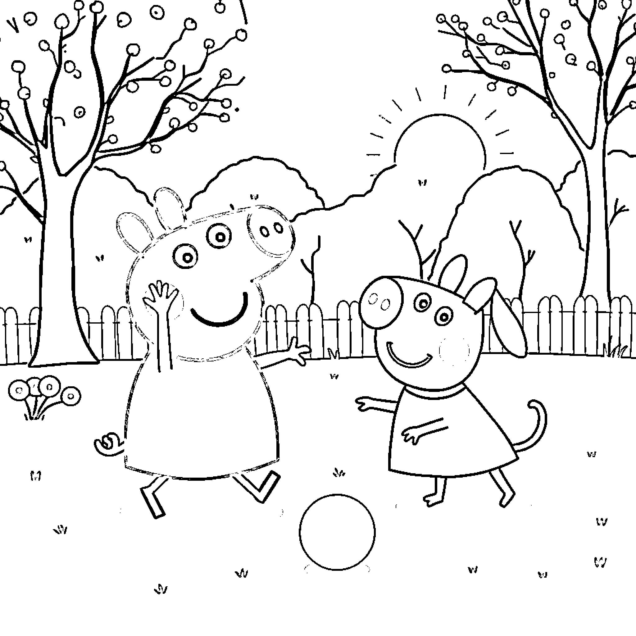 Peppa Pig and Friends Enjoying Outdoor Adventure Coloring Page (free black-and-white line drawing printable PDF for all, from beginners to advanced learners, including children, teens, adults, and seniors)
