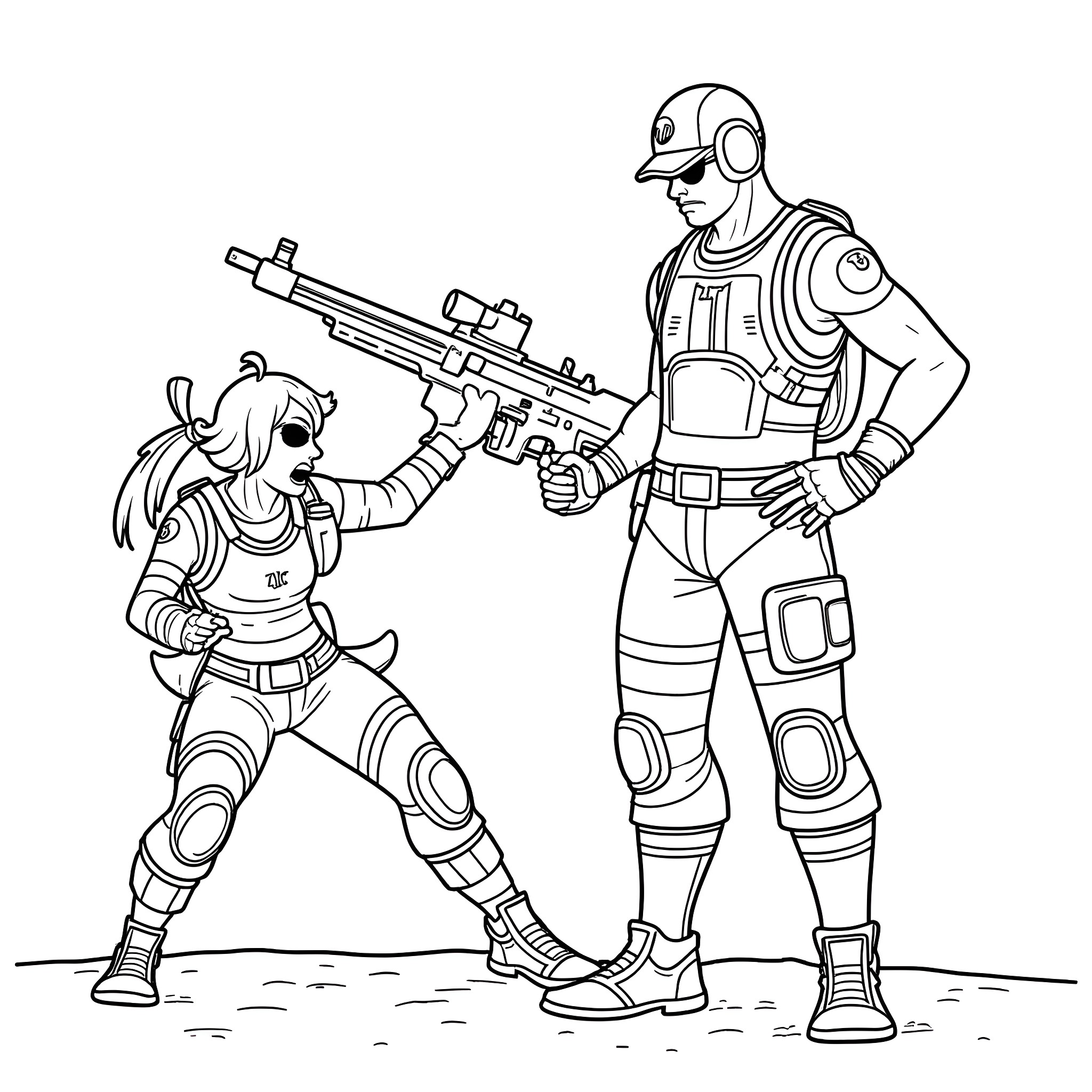 Fortnite characters in action with weapons Coloring Page (free black-and-white line drawing printable PDF for all, from beginners to advanced learners, including children, teens, adults, and seniors)
