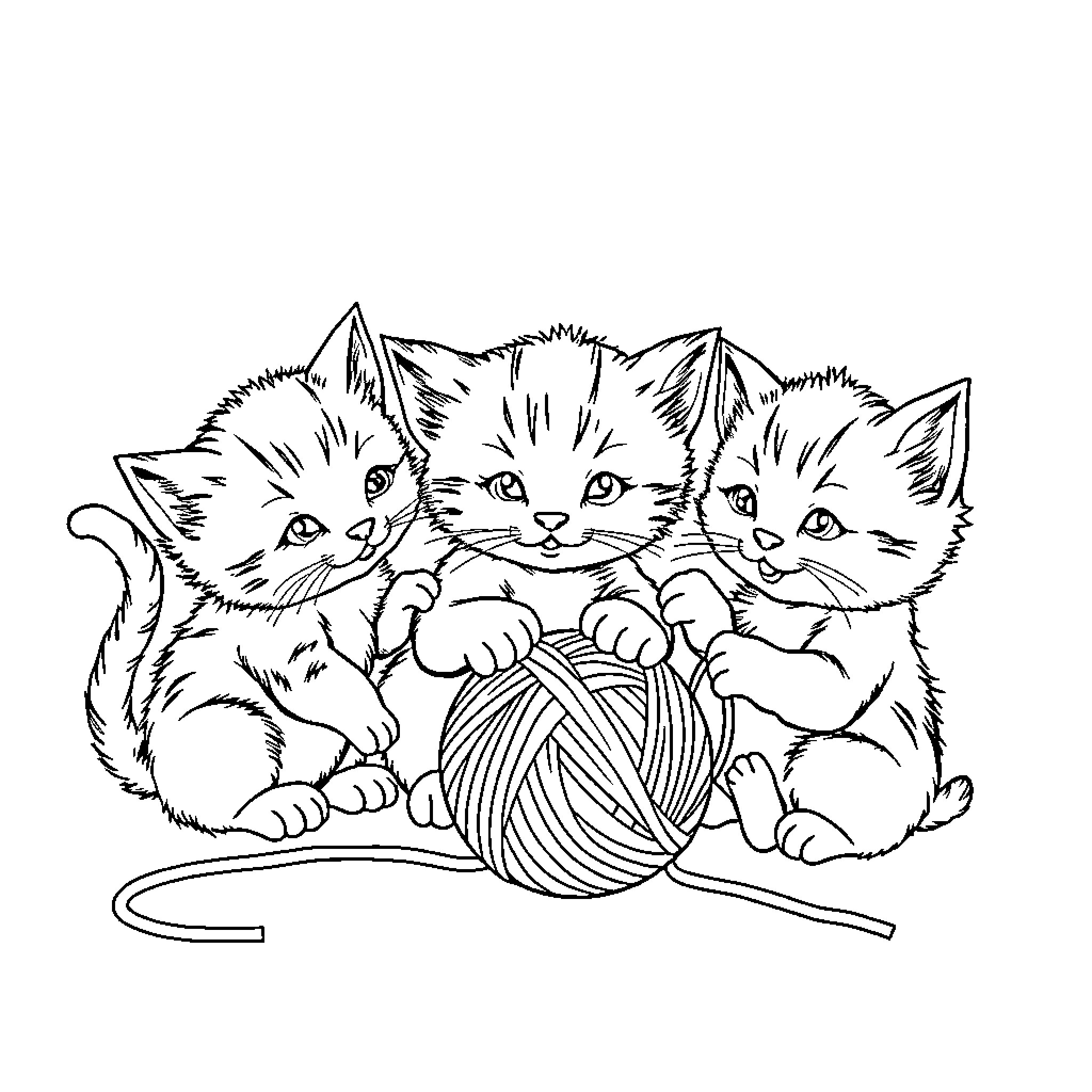 Cat Kittens Playing with Yarn Ball Coloring Page (free black-and-white line drawing printable PDF for all, from beginners to advanced learners, including children, teens, adults, and seniors)