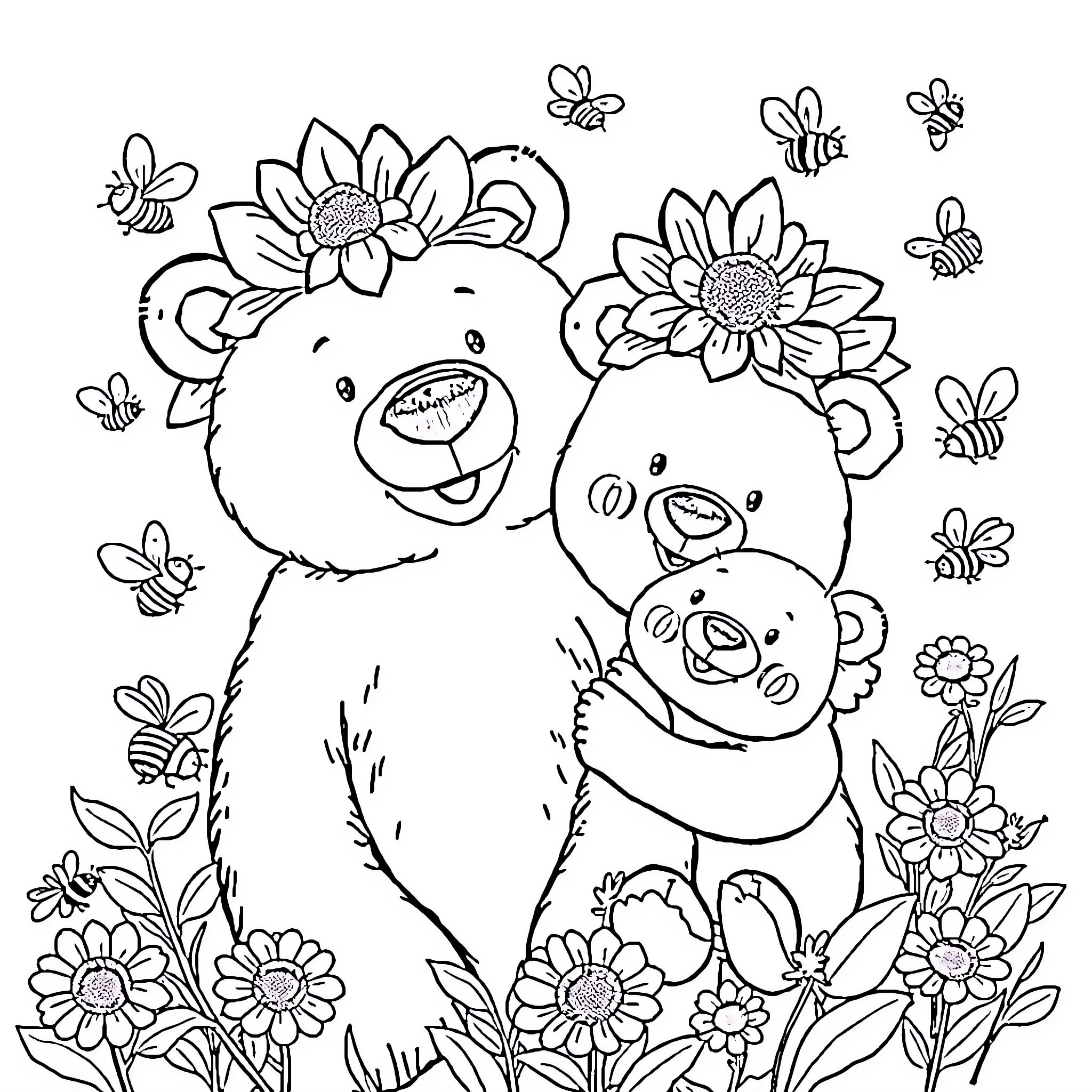 Bear Cubs Playing Amidst Blooming Flowers and Bees Coloring Page (free black-and-white line drawing printable PDF for all, from beginners to advanced learners, including children, teens, adults, and seniors)