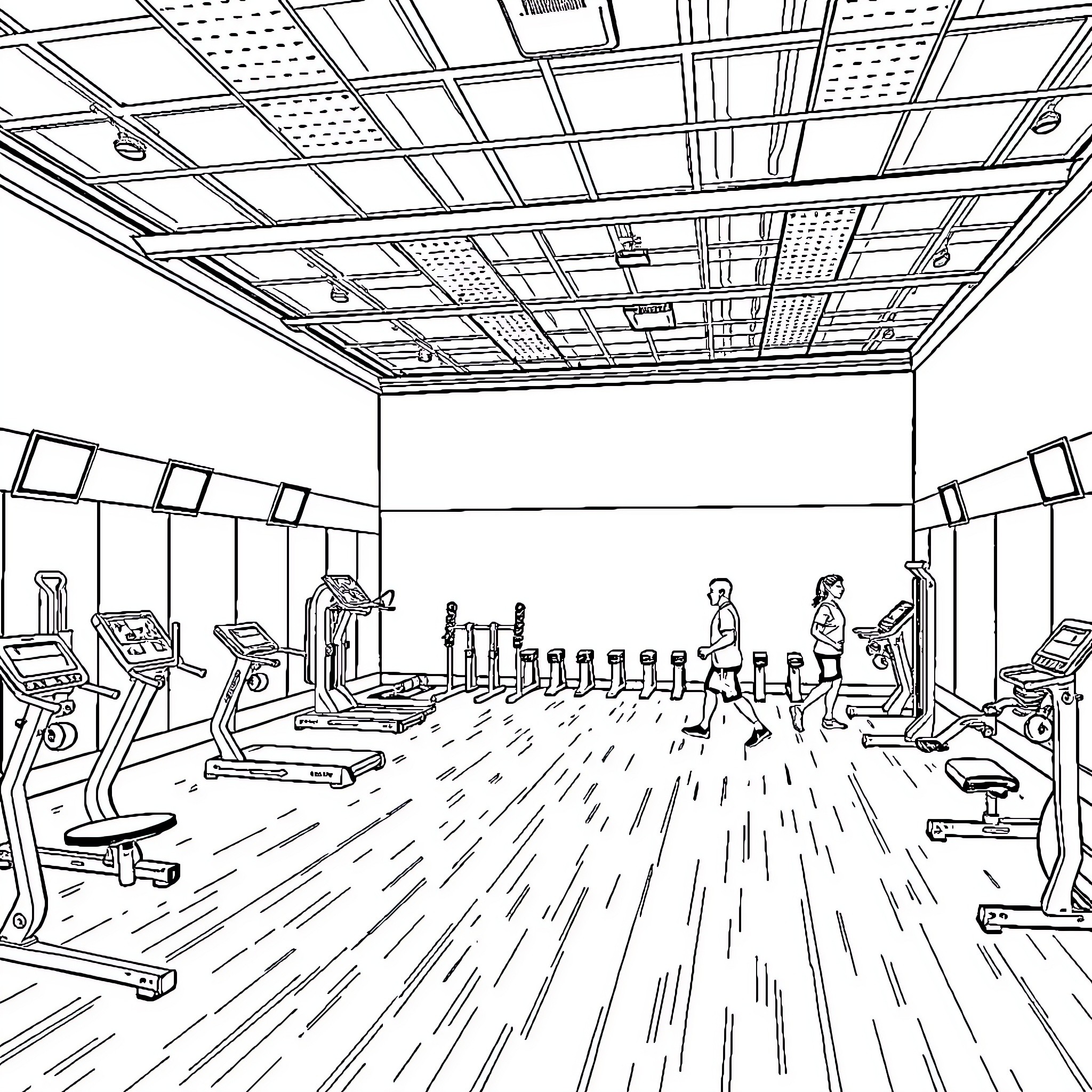 Gym filled with active people and fitness equipment Coloring Page (free black-and-white line drawing printable PDF for all, from beginners to advanced learners, including children, teens, adults, and seniors)