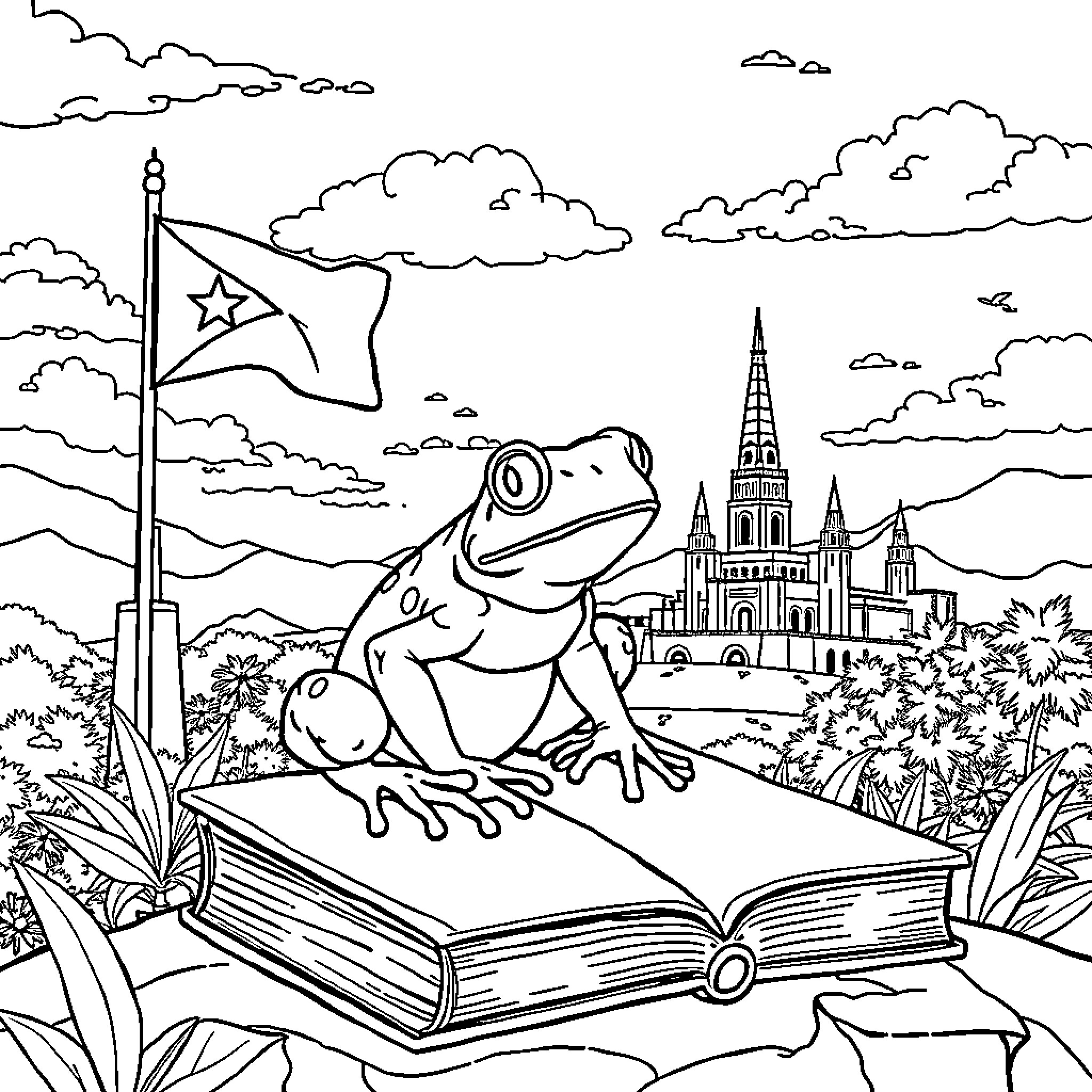 Coqui frog studying magical book in enchanted landscape Coloring Page (free black-and-white line drawing printable PDF for all, from beginners to advanced learners, including children, teens, adults, and seniors)