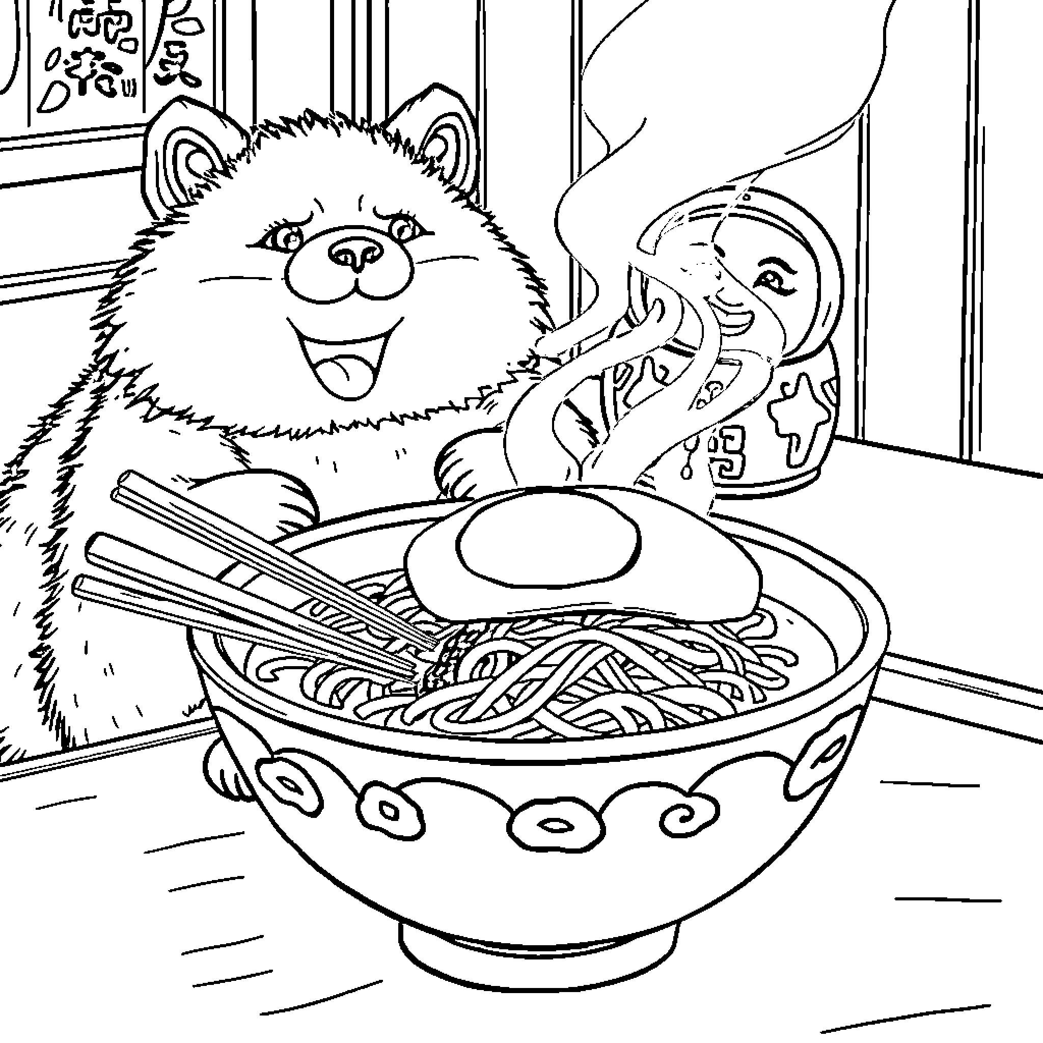 Ramen Delight: Cheerful Raccoon Enjoys Noodle Bowl Coloring Page (free black-and-white line drawing printable PDF for all, from beginners to advanced learners, including children, teens, adults, and seniors)