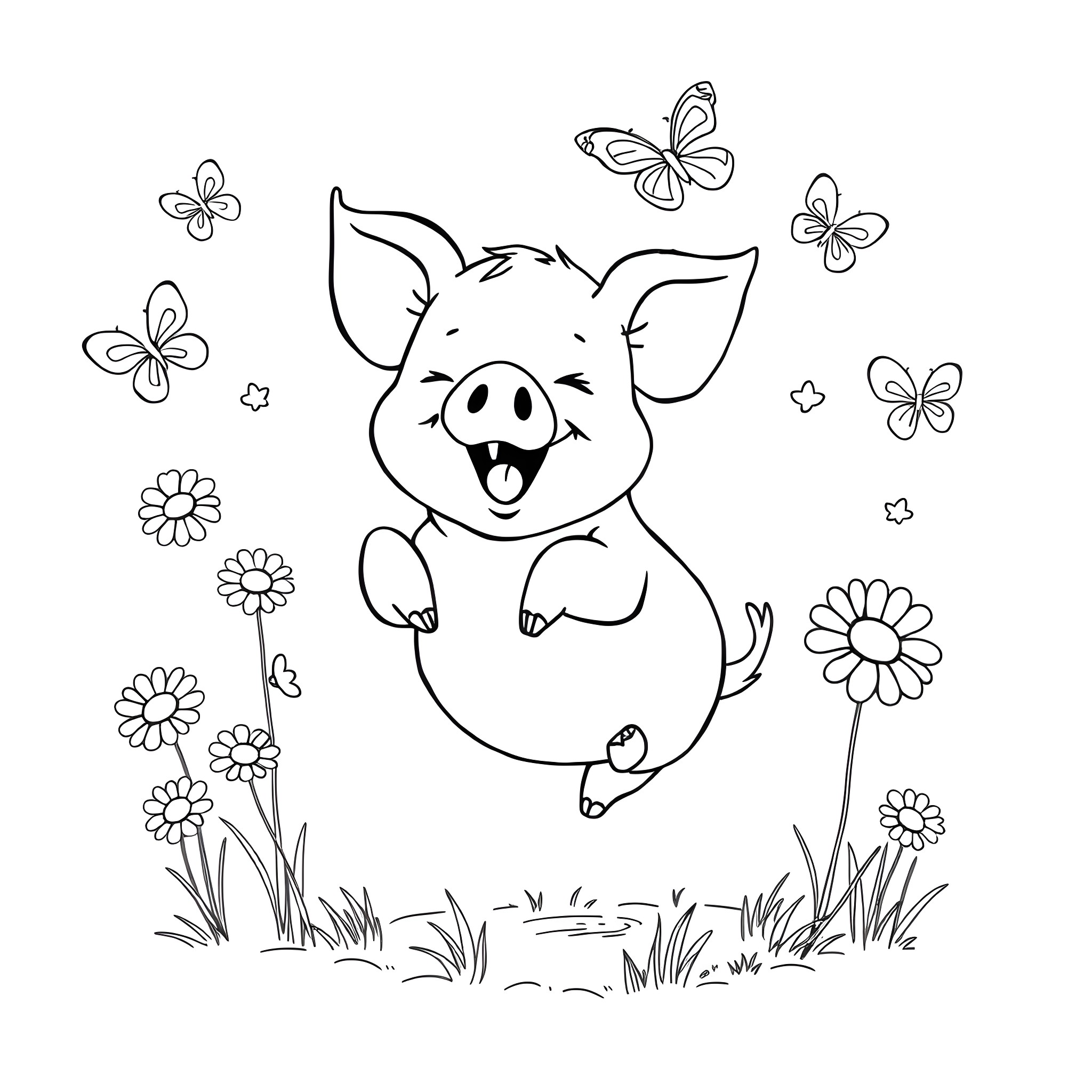Pig playing joyfully with butterflies in the meadow Coloring Page (free black-and-white line drawing printable PDF for all, from beginners to advanced learners, including children, teens, adults, and seniors)