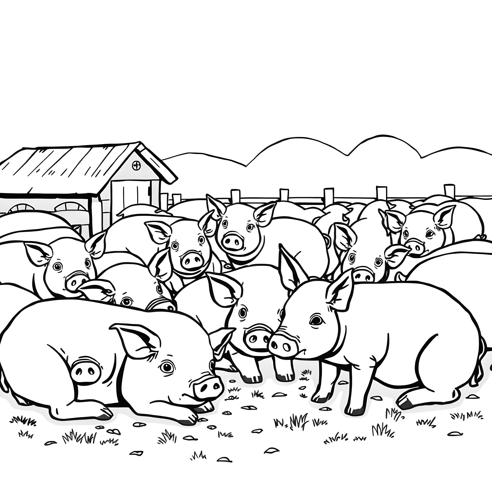 Pig farm with cute pigs playing Coloring Page (free black-and-white line drawing printable PDF for all, from beginners to advanced learners, including children, teens, adults, and seniors)