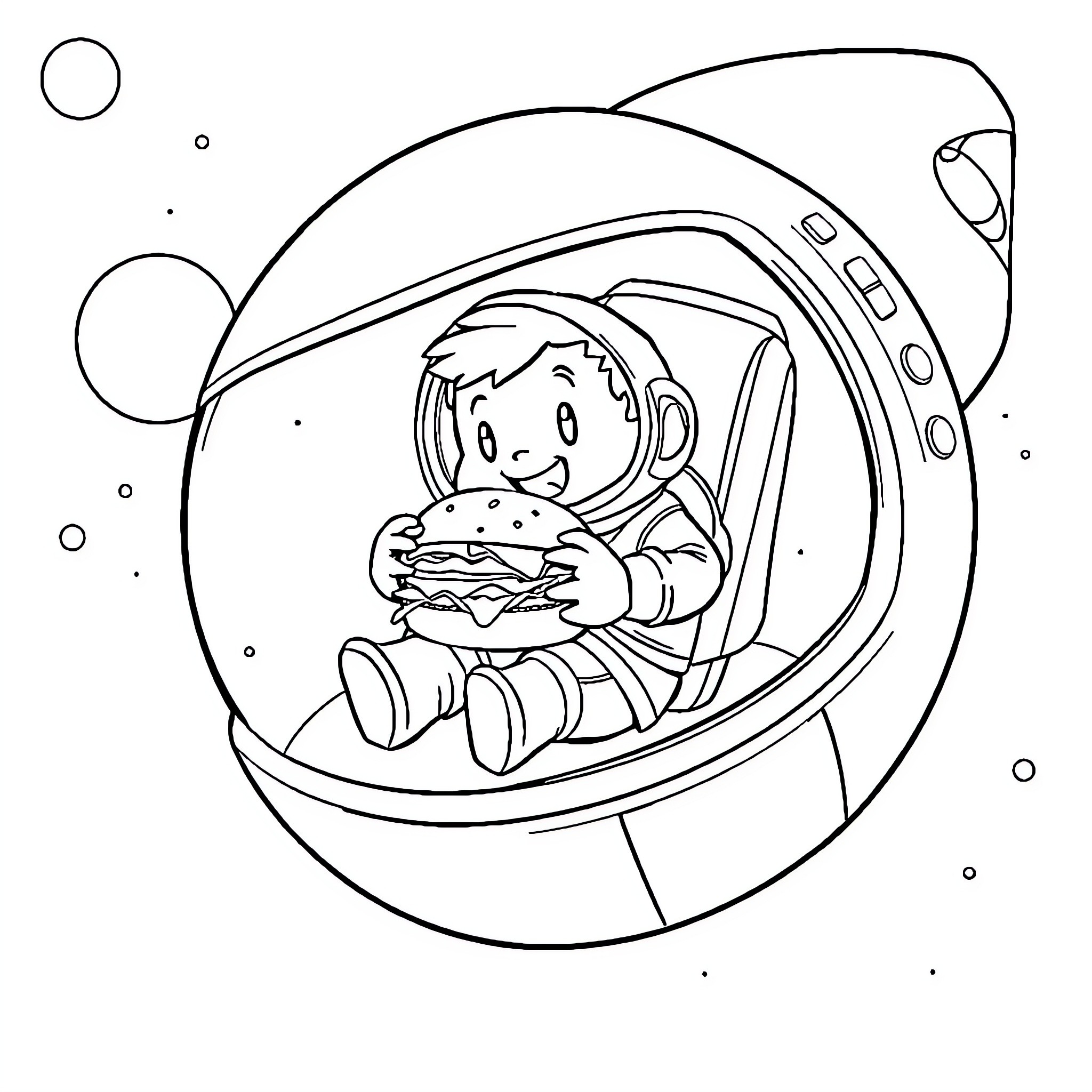 Cosmonaut Enjoying Space Snack in Spacecraft Coloring Page (free black-and-white line drawing printable PDF for all, from beginners to advanced learners, including children, teens, adults, and seniors)