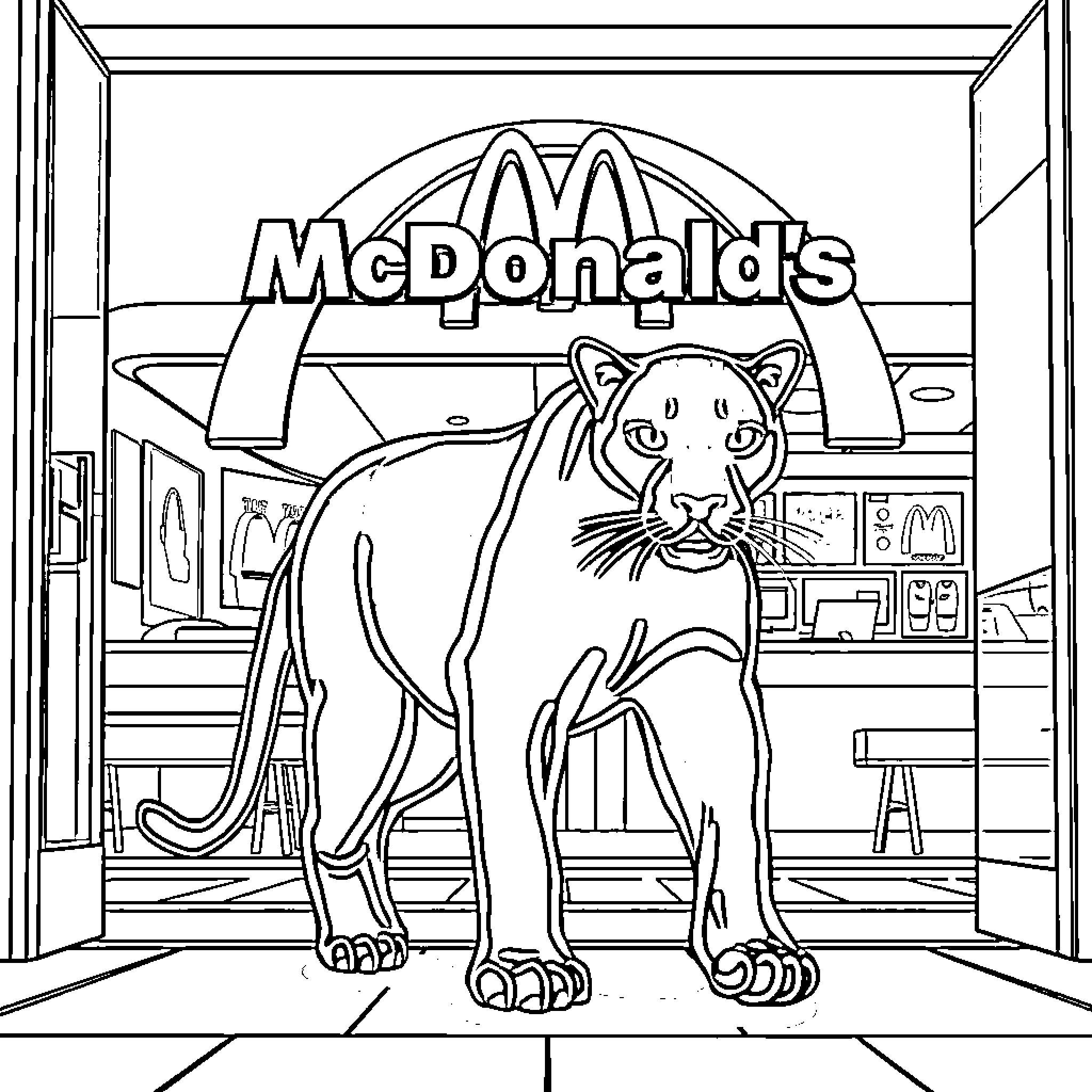 Panther roaming around a fast-food restaurant Coloring Page (free black-and-white line drawing printable PDF for all, from beginners to advanced learners, including children, teens, adults, and seniors)