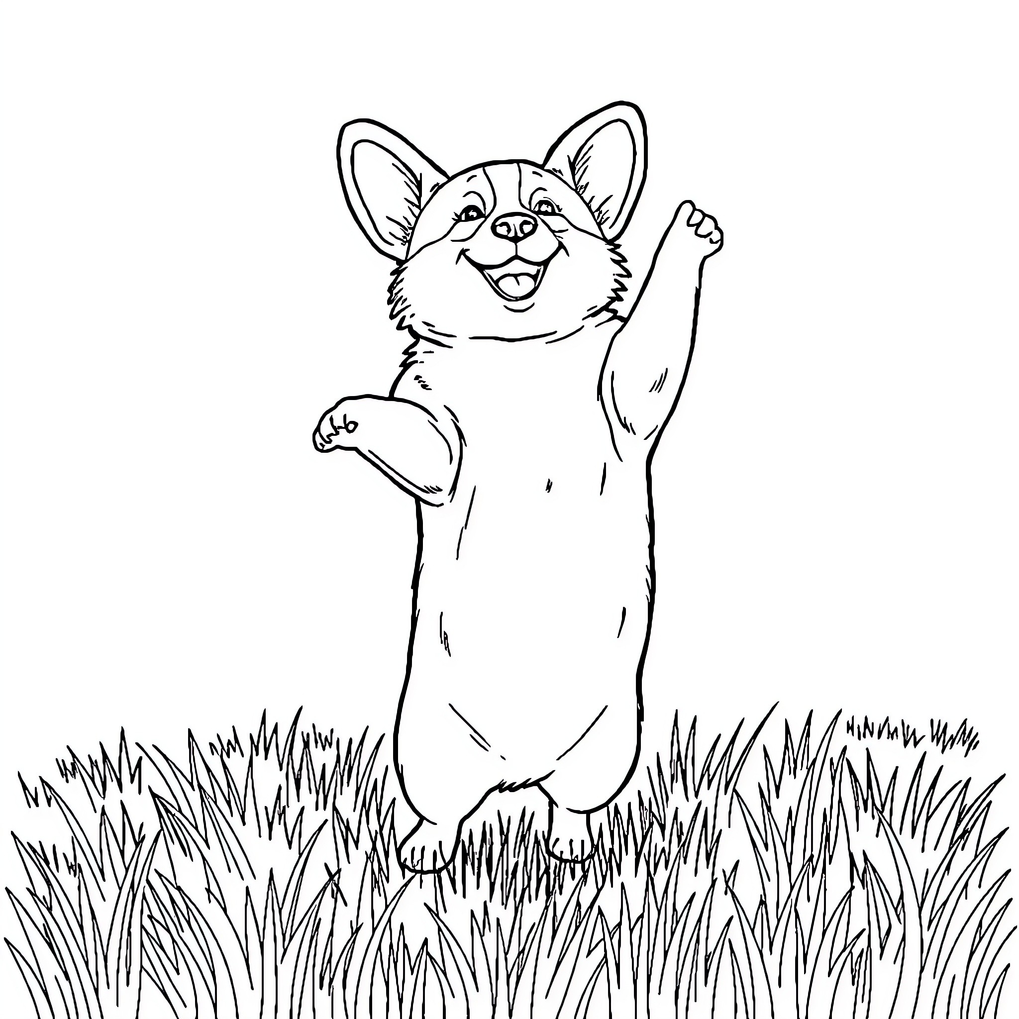 Corgi playing happily in the grassy field Coloring Page (free black-and-white line drawing printable PDF for all, from beginners to advanced learners, including children, teens, adults, and seniors)