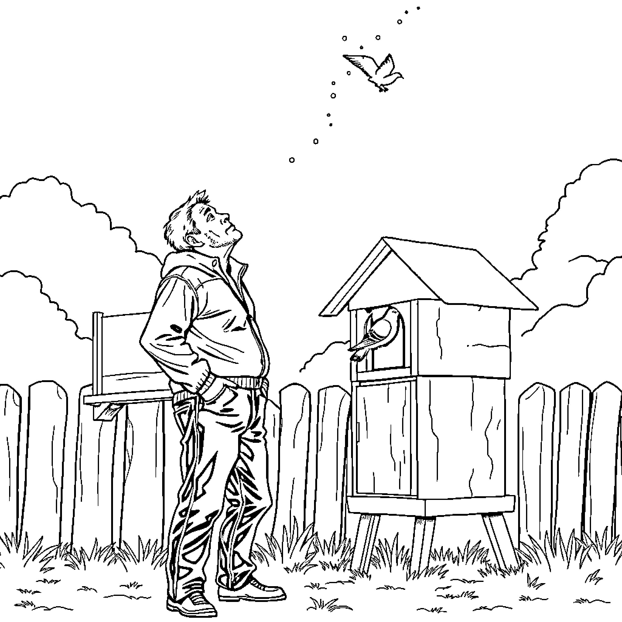 Man standing outside his wooden cabin in the countryside Coloring Page (free black-and-white line drawing printable PDF for all, from beginners to advanced learners, including children, teens, adults, and seniors)