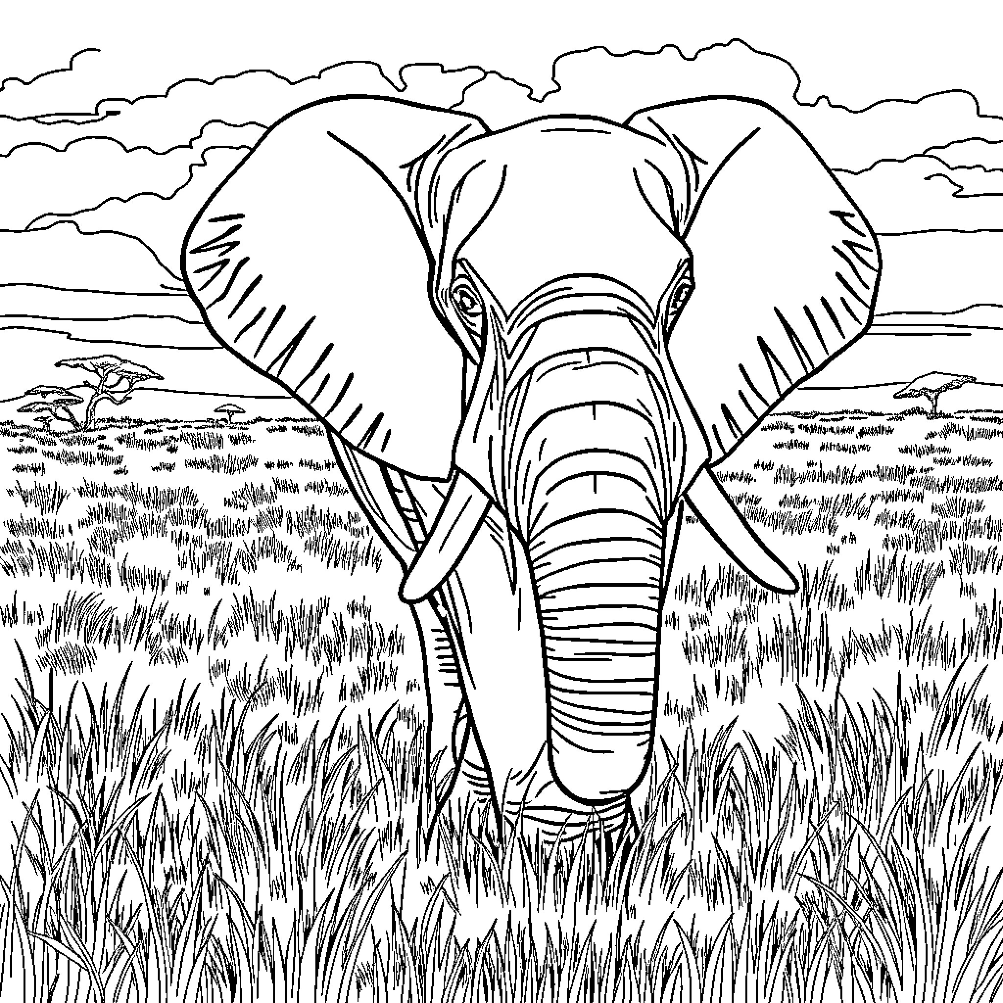 Elephant in the Serene Savanna Coloring Page (free black-and-white line drawing printable PDF for all, from beginners to advanced learners, including children, teens, adults, and seniors)