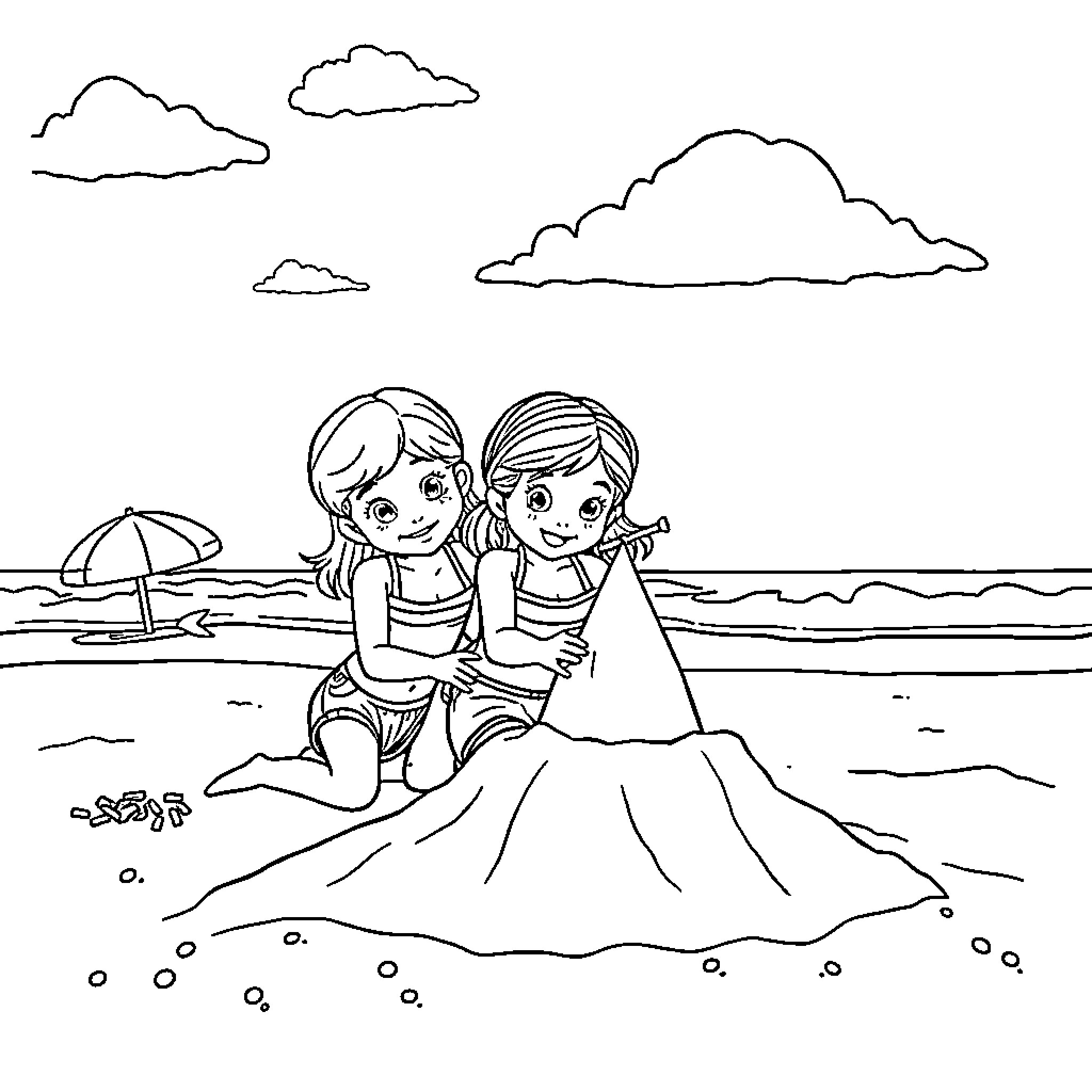 Sand Castle Building Fun at the Beach Coloring Page (free black-and-white line drawing printable PDF for all, from beginners to advanced learners, including children, teens, adults, and seniors)