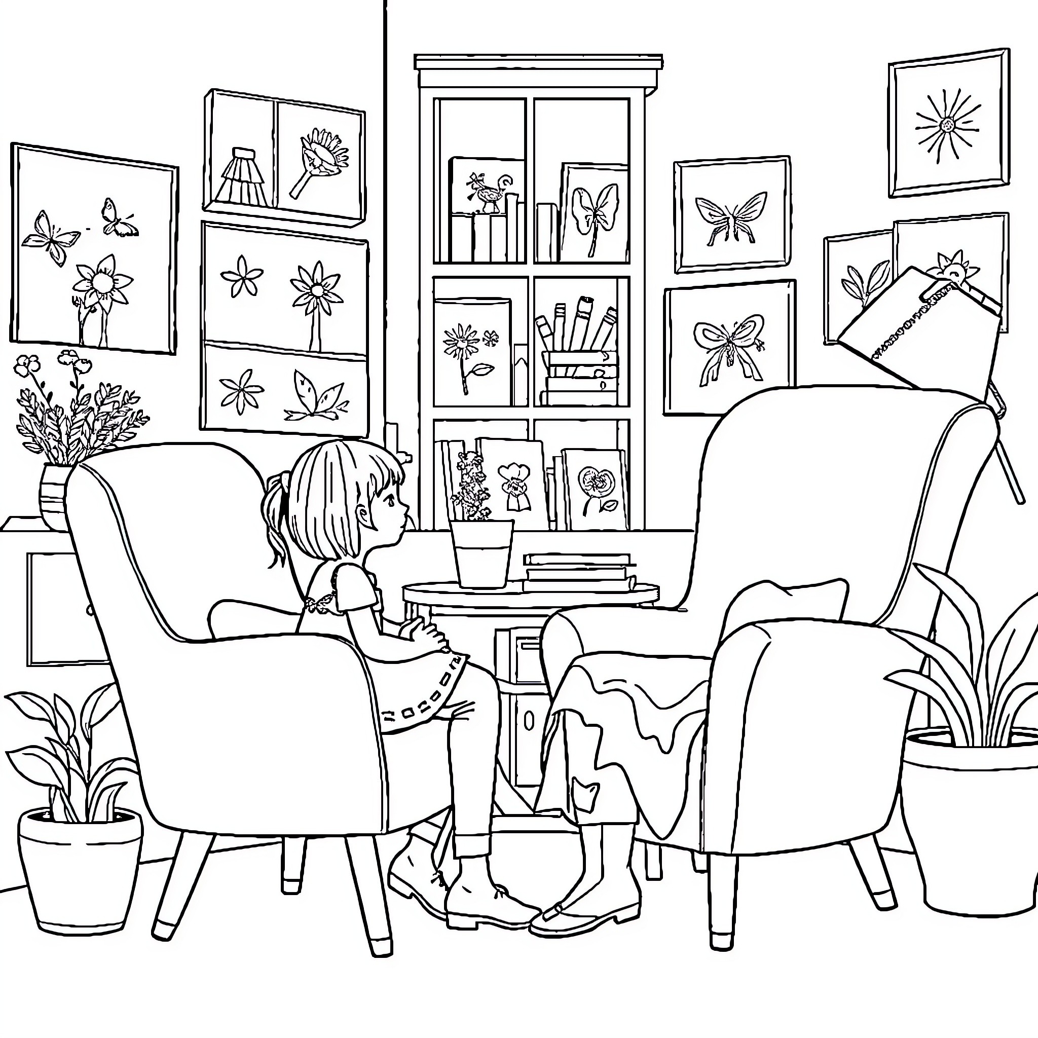 Girl Coloring at Home with Cozy Furniture Coloring Page (free black-and-white line drawing printable PDF for all, from beginners to advanced learners, including children, teens, adults, and seniors)