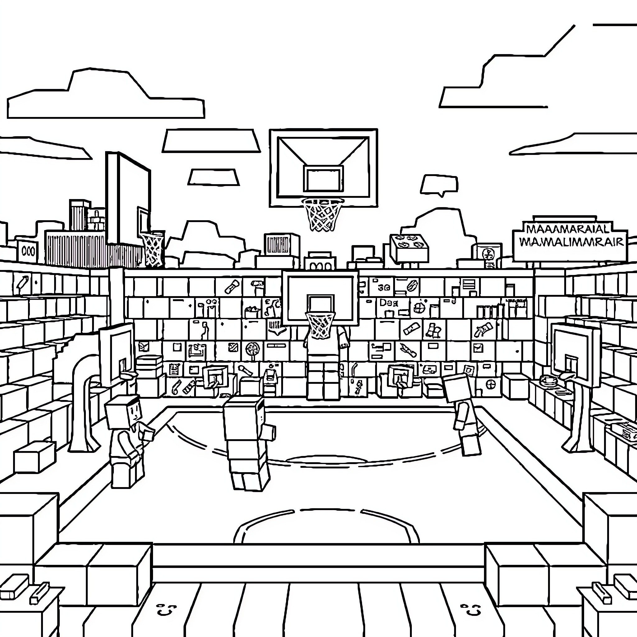 Minecraft Basketball Players in Action Coloring Page (free black-and-white line drawing printable PDF for all, from beginners to advanced learners, including children, teens, adults, and seniors)